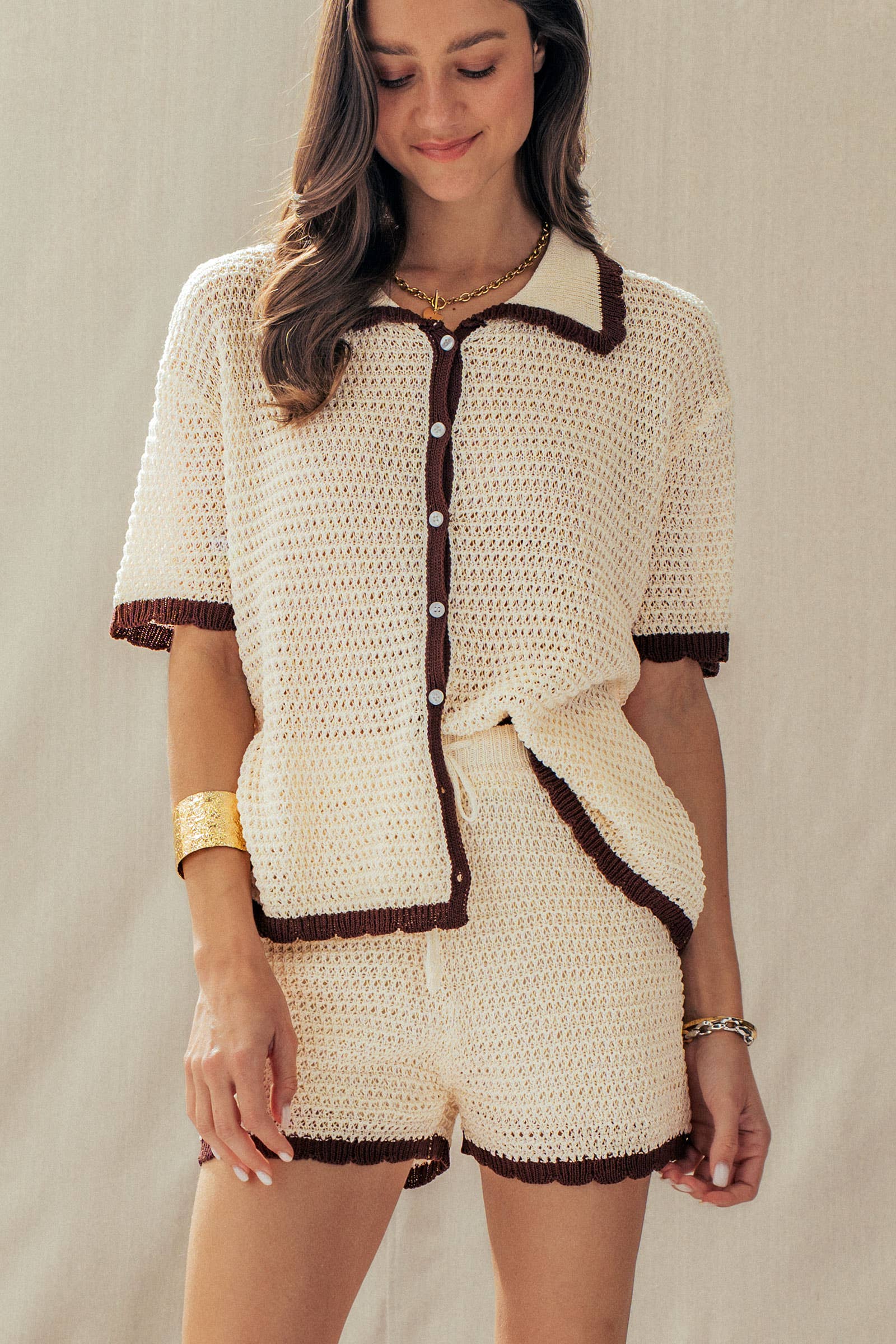 Urban Daizy Contrast Trim Crochet Knit Two-Piece Set Ivory-Brown Lounge Set - Women's (UDZ-AC-00233)