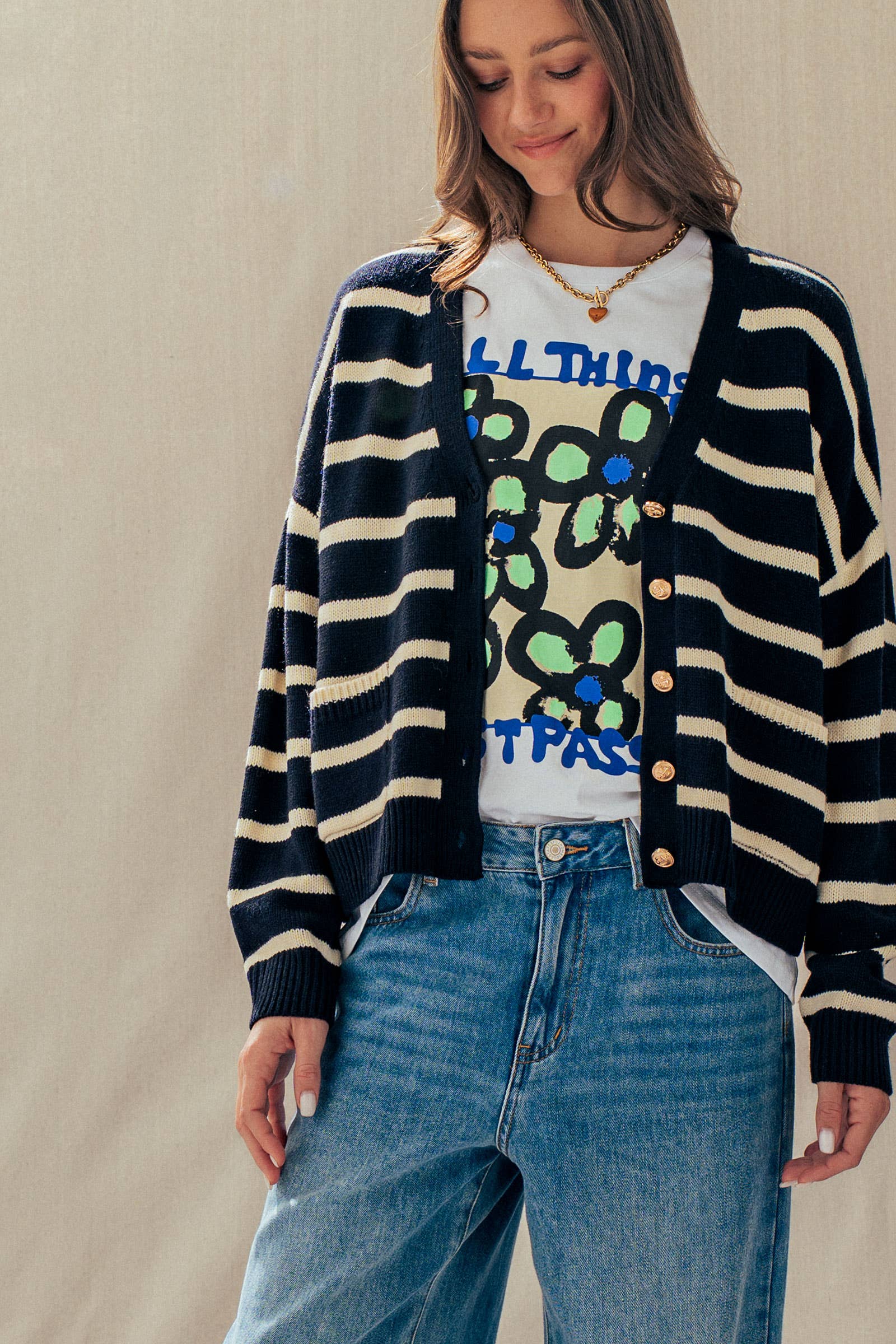 Striped Cropped V Neck Embellished Button Cardigan