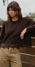 Lace Trim Knit Sweater with Floral Hem Detail in BROWN - Women's Sweaters | Urban Daizy