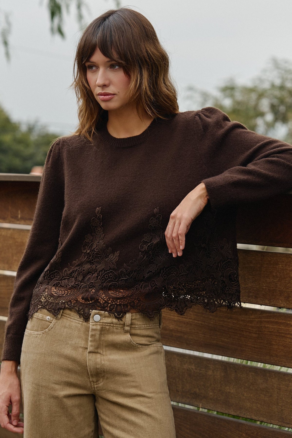 Lace Trim Knit Sweater with Floral Hem Detail in BROWN - Women's Sweaters | Urban Daizy