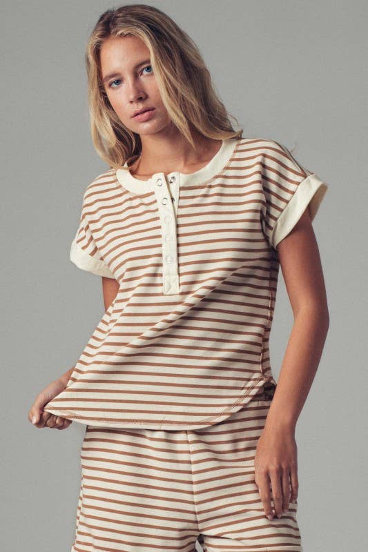Striped Henley Button-Up Western Top