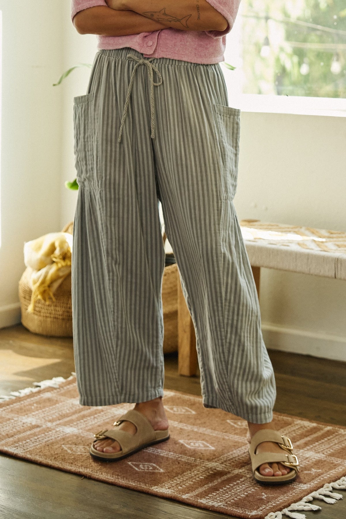 Striped Wide Leg Cotton Pants with Pockets in GREY - Women's Casual Pants | Urban Daizy