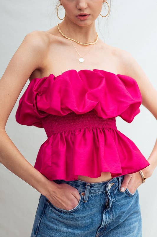 Urban Daizy Strapless Ruffle Smocked Waist Silky Peplum Top Black Blouse - Women's (UDZ-TP-00566) – alternate view 21