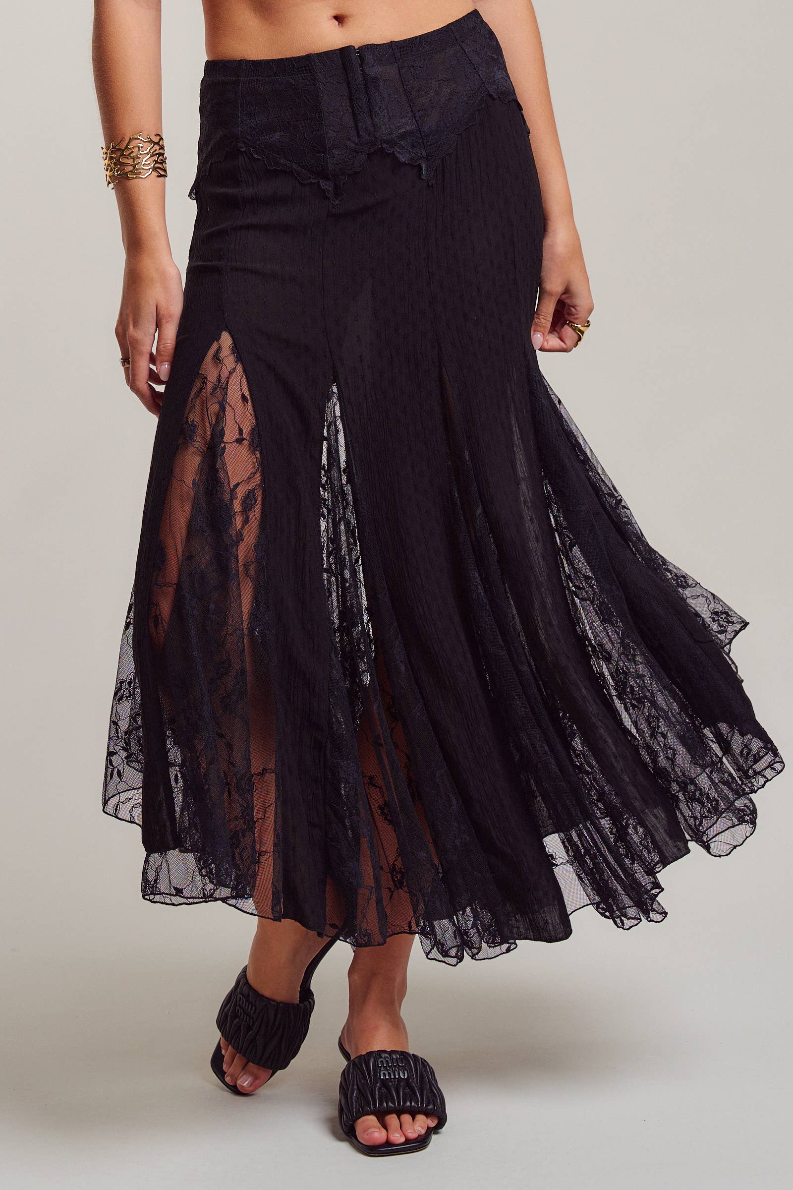 Urban Daizy Black Lace Insert Godet Flowy Midi Skirt Black Skirt - Women's (UDSK0107-Black) – alternate view 2