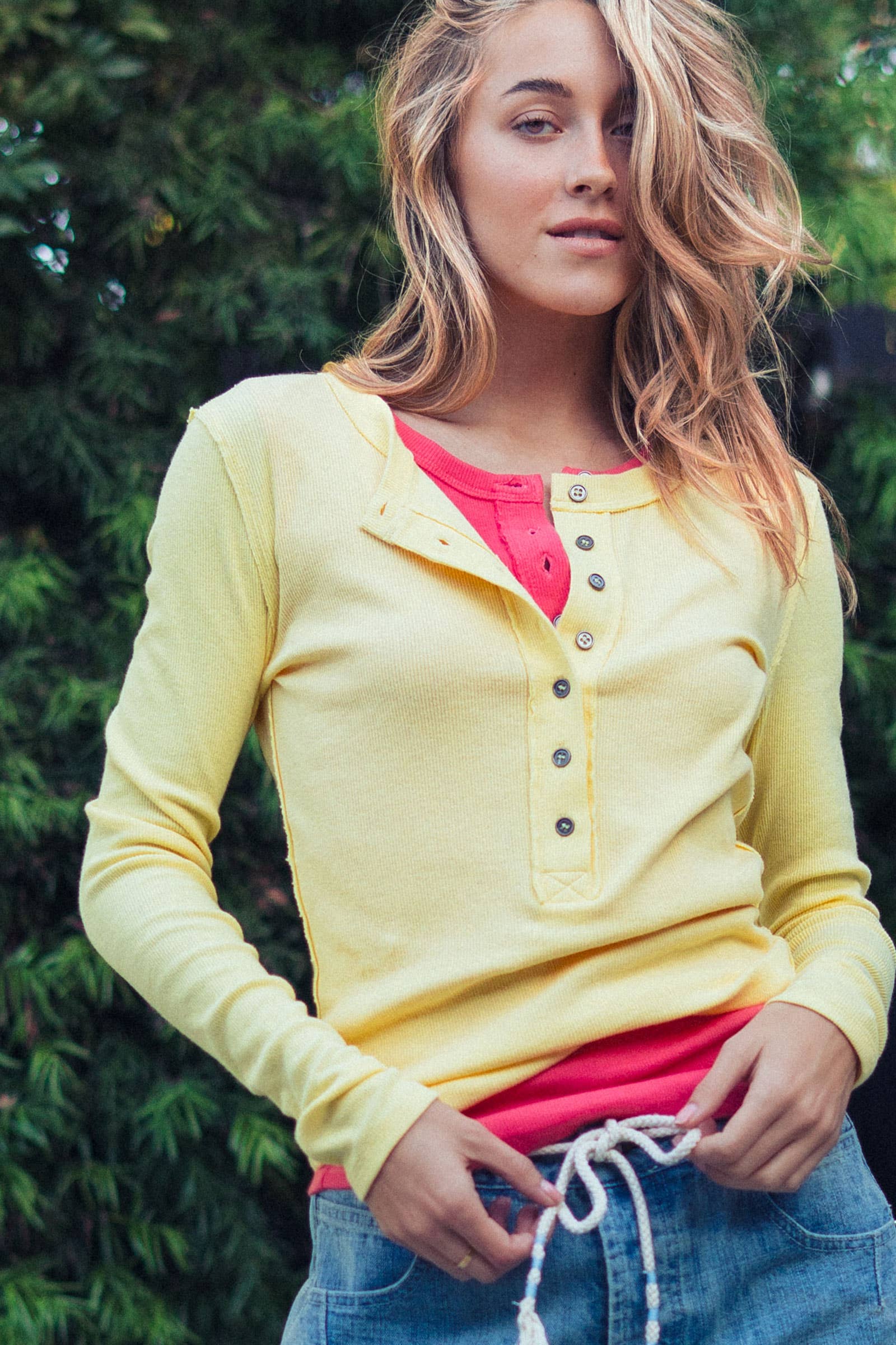 Ribbed Henley Long Sleeve Top