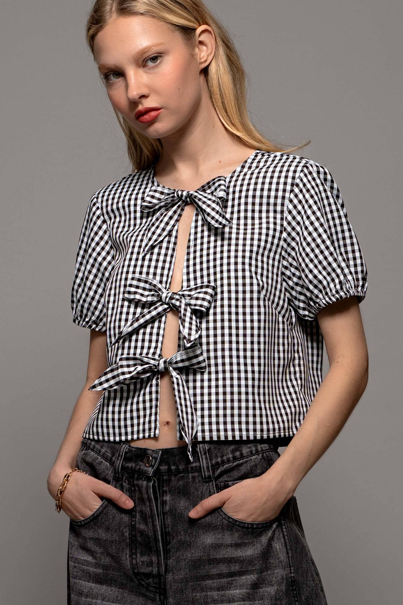 Urban Daizy Gingham Triple Bow Puff Sleeve Crop Top Pink Blouse - Women's (UDZ-TP-01033) – alternate view 21