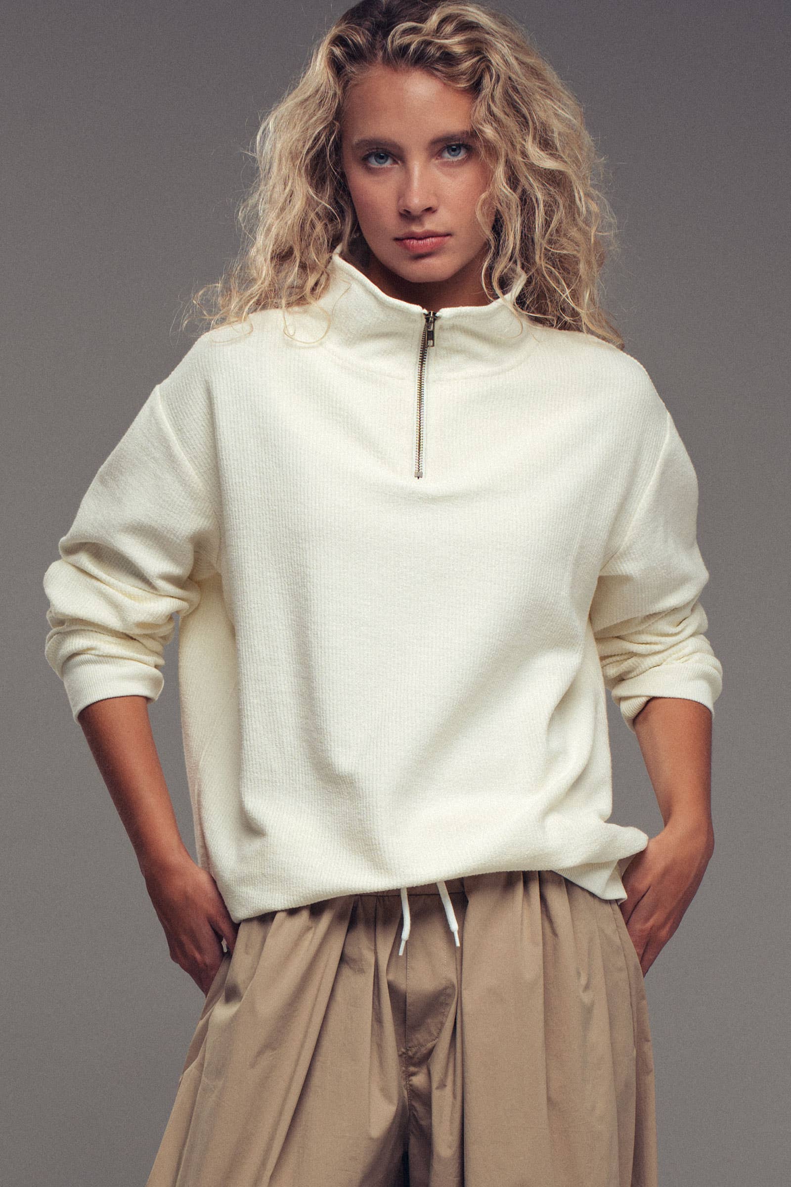 Urban Daizy Vintage Washed Quarter Zip Ribbed Sweatshirt Charcoal Sweatshirt - Women's (UDZ-KN-00255) – alternate view 8