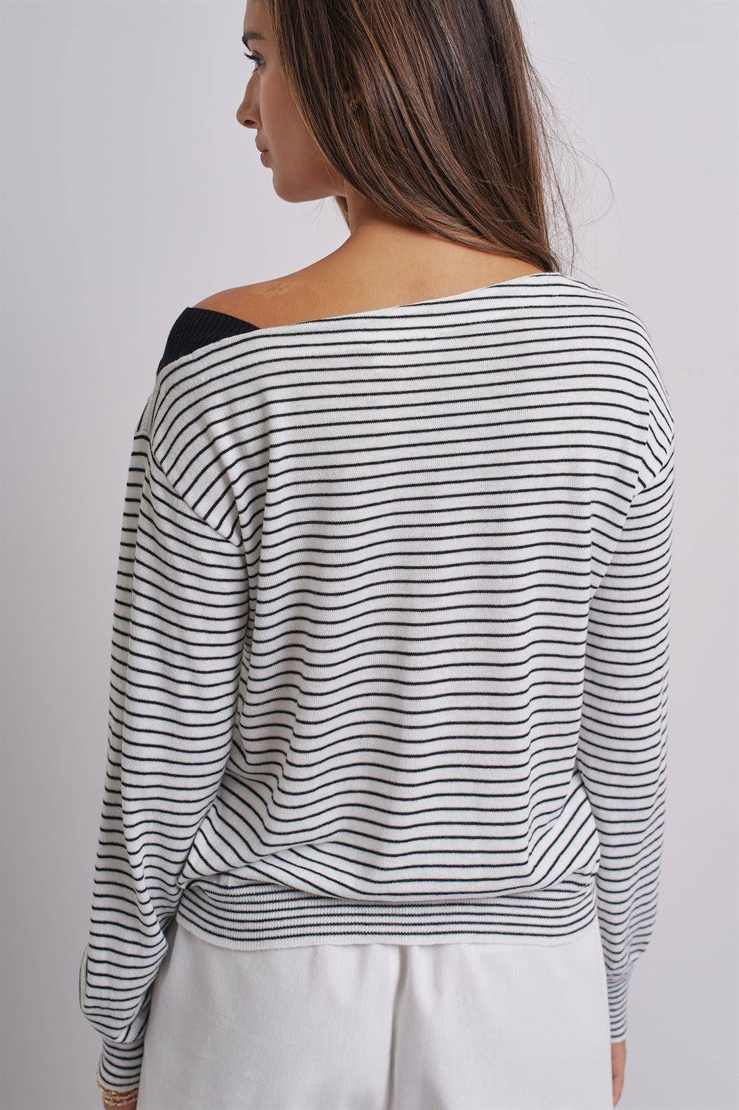 Urban Daizy Asymmetrical Striped One-Shoulder Top Ivory-Black Knit Top - Women's (UDZ-TP-01085-Ivory-Black) – alternate view 6