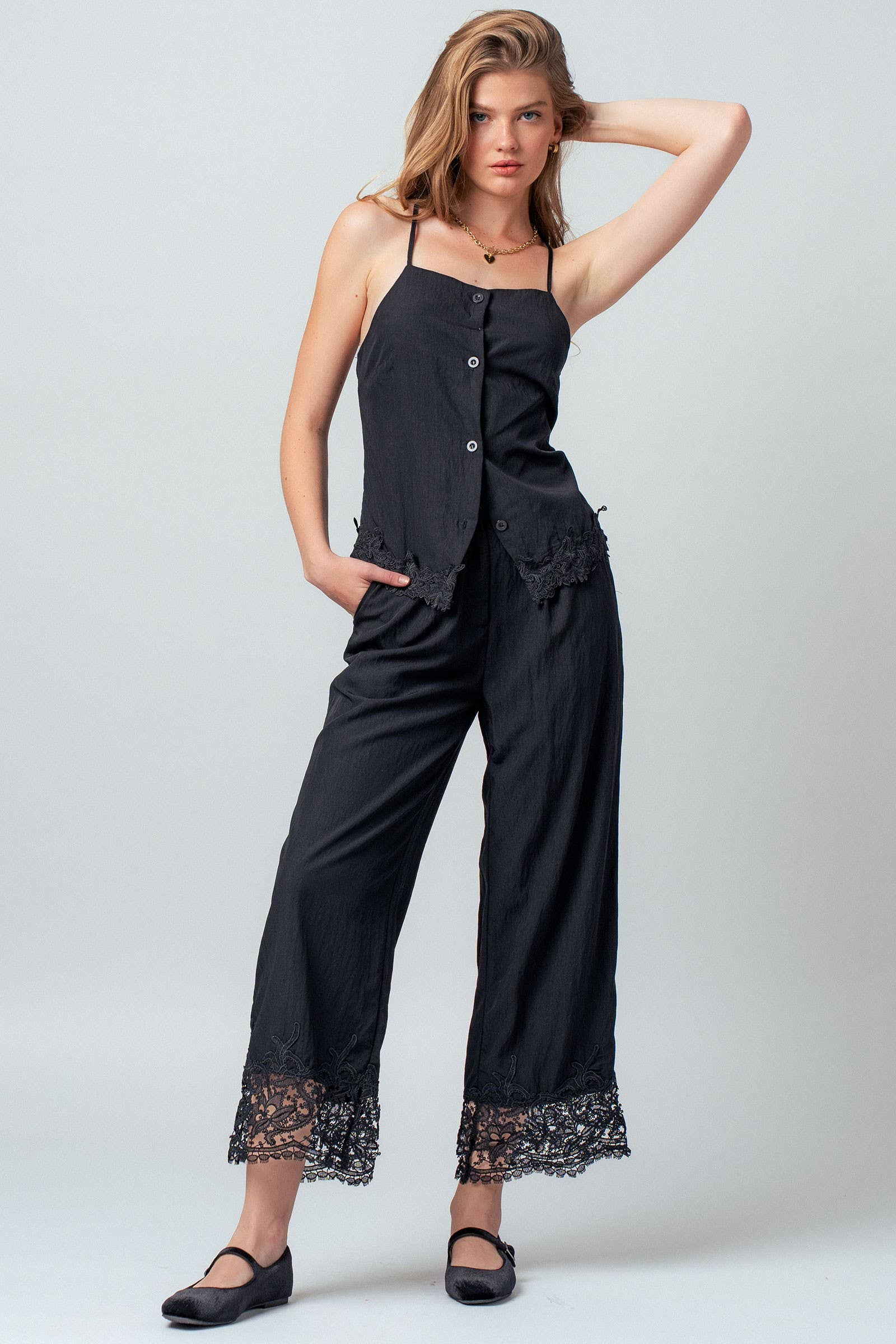 Crinkle Rayon Lace Trim Jumpsuit
