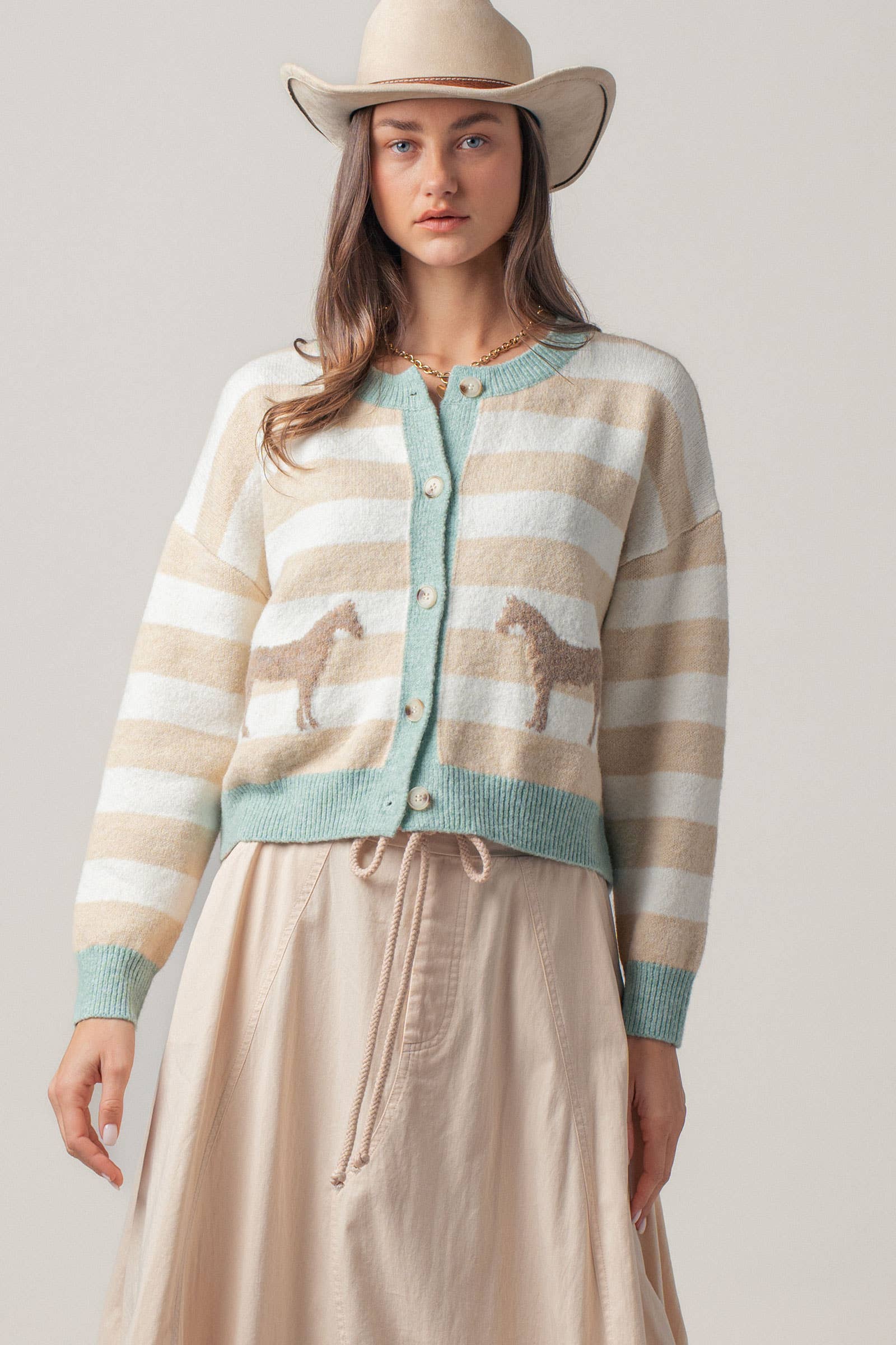Horse Jacquard Striped Crew Neck Cardigan