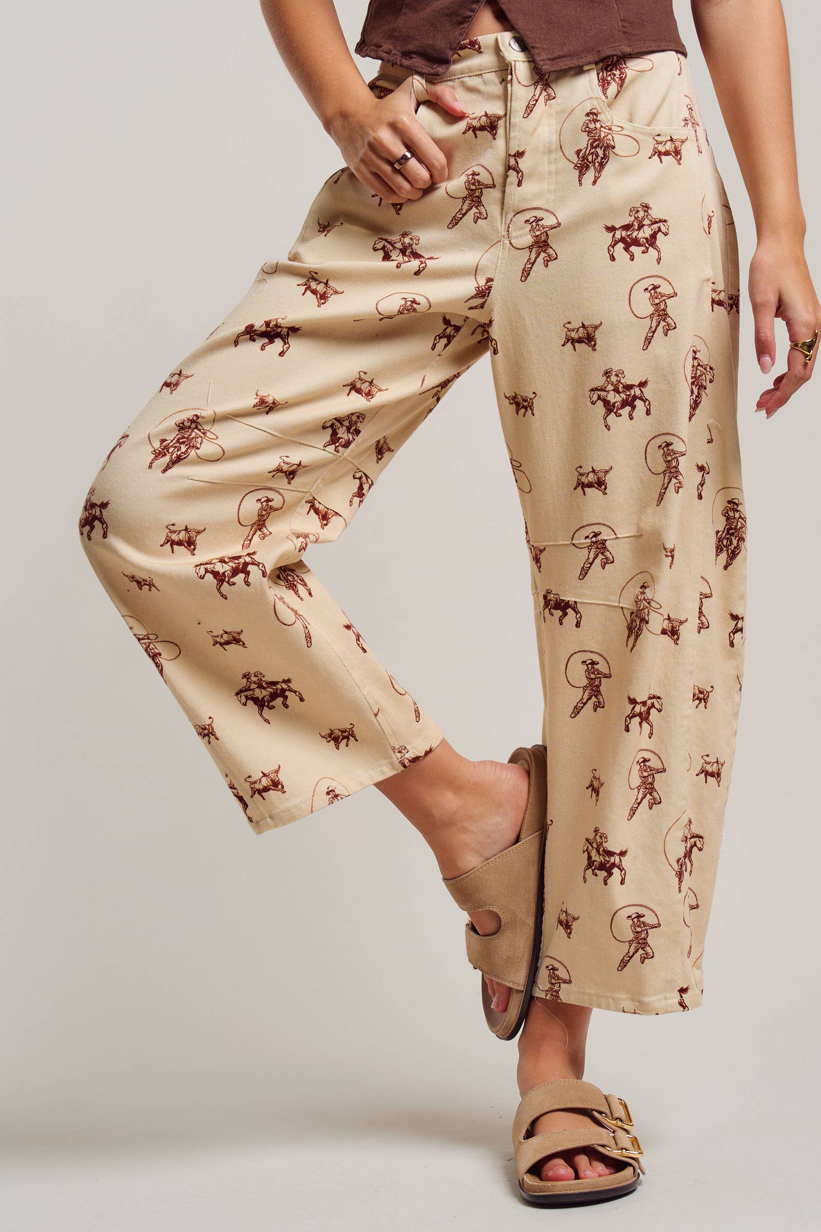 Urban Daizy Western Toile Print Barrel Leg Stretch Pants Lt-Khaki Pants - Women's (UDPT0076-Lt-Khaki) – alternate view 2