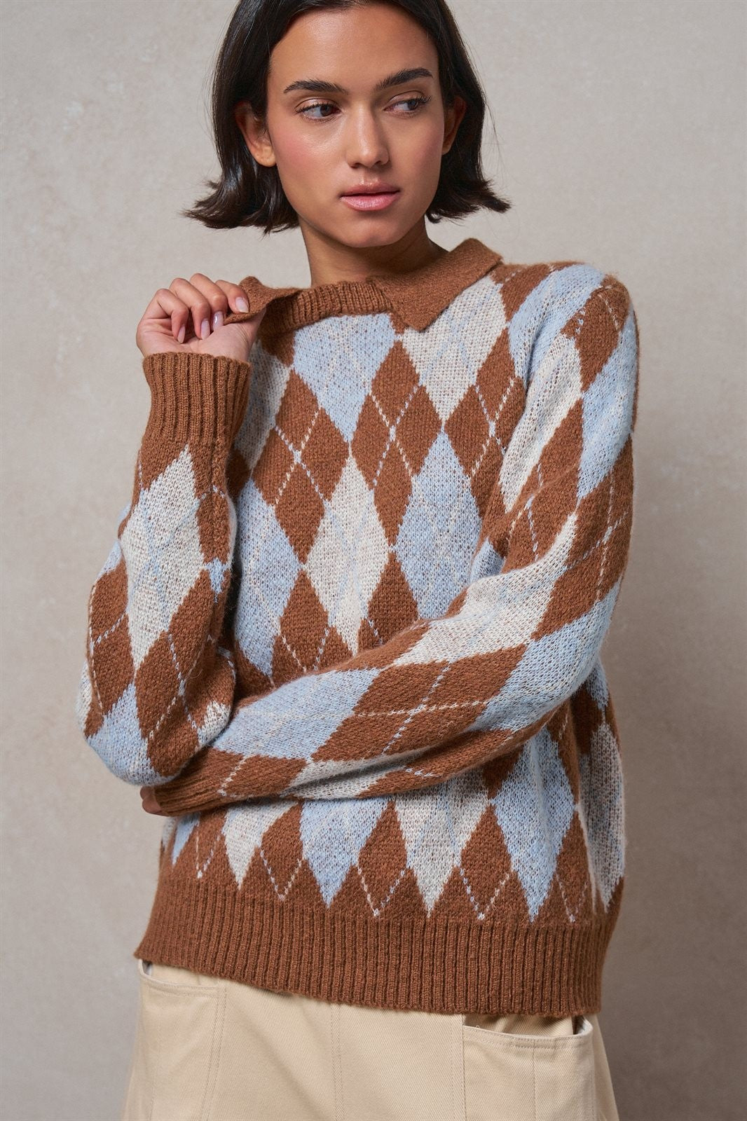 Argyle Polo Collar Sweater in BROWN MULTI - Women's Sweaters | Urban Daizy