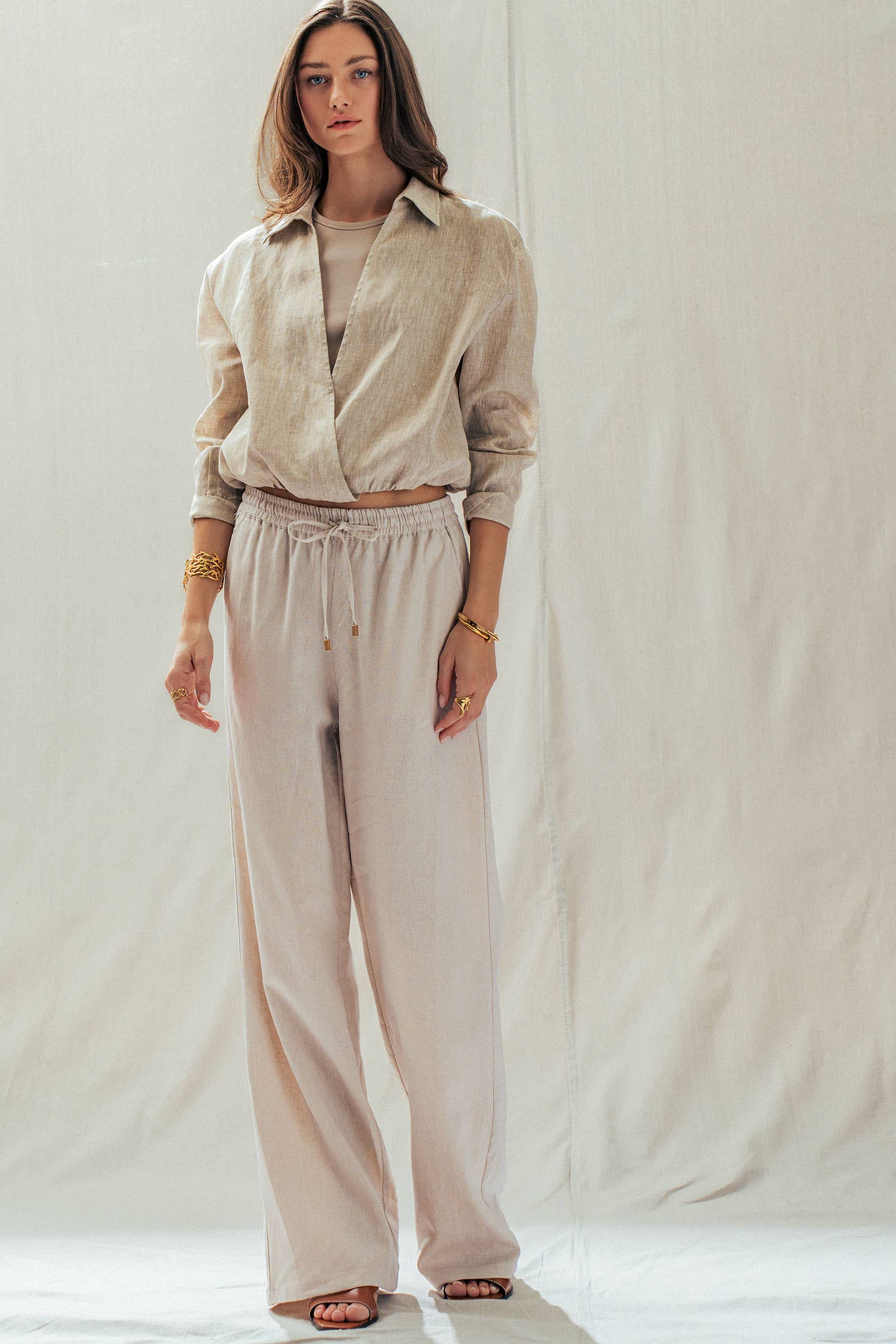 Collared Linen Wrap Crop Top with Built In Tank