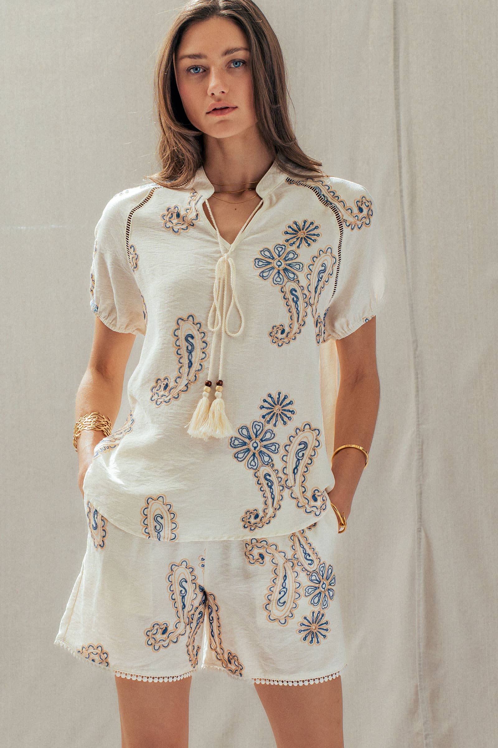 Paisley Embroidered Linen Blend Shorts