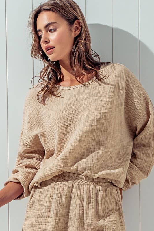 Urban Daizy Vintage Bubble Gauze Oversized Long Sleeve Lounge Top Blue-Sage Knit Top - Women's (UDZ-TP-00516) – alternate…