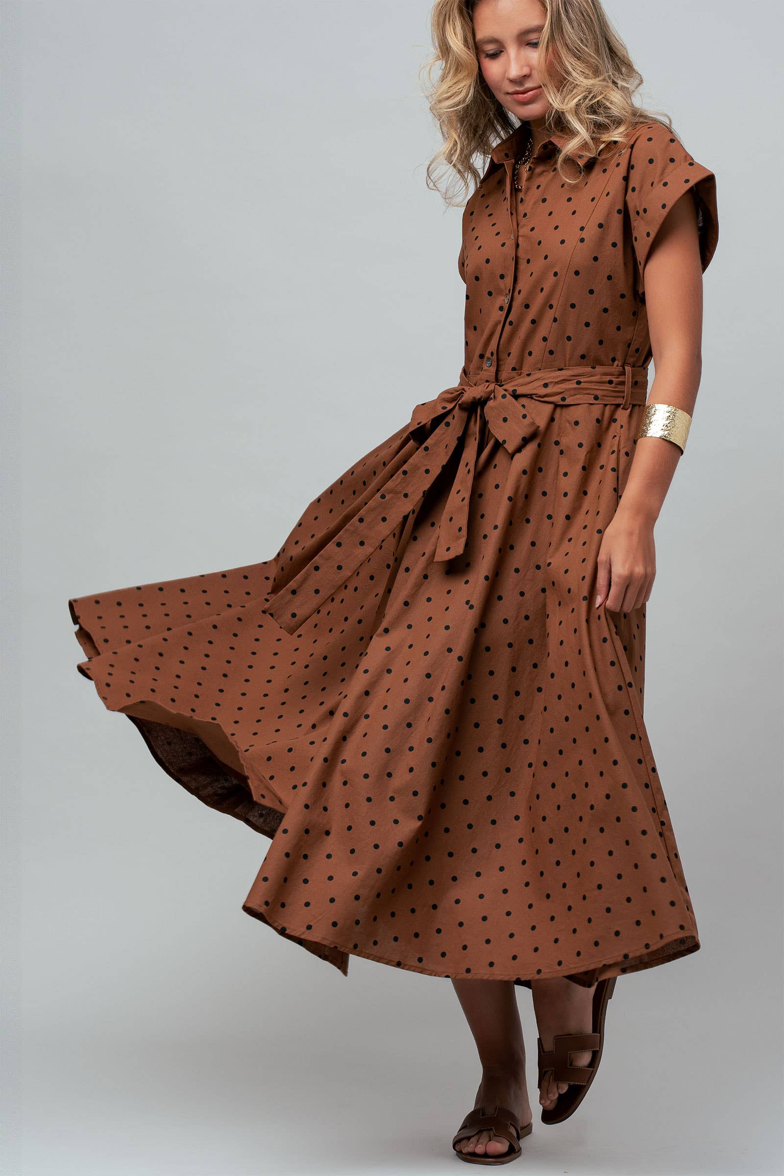 Polka Dot Cotton Belted Midi Shirt Dress