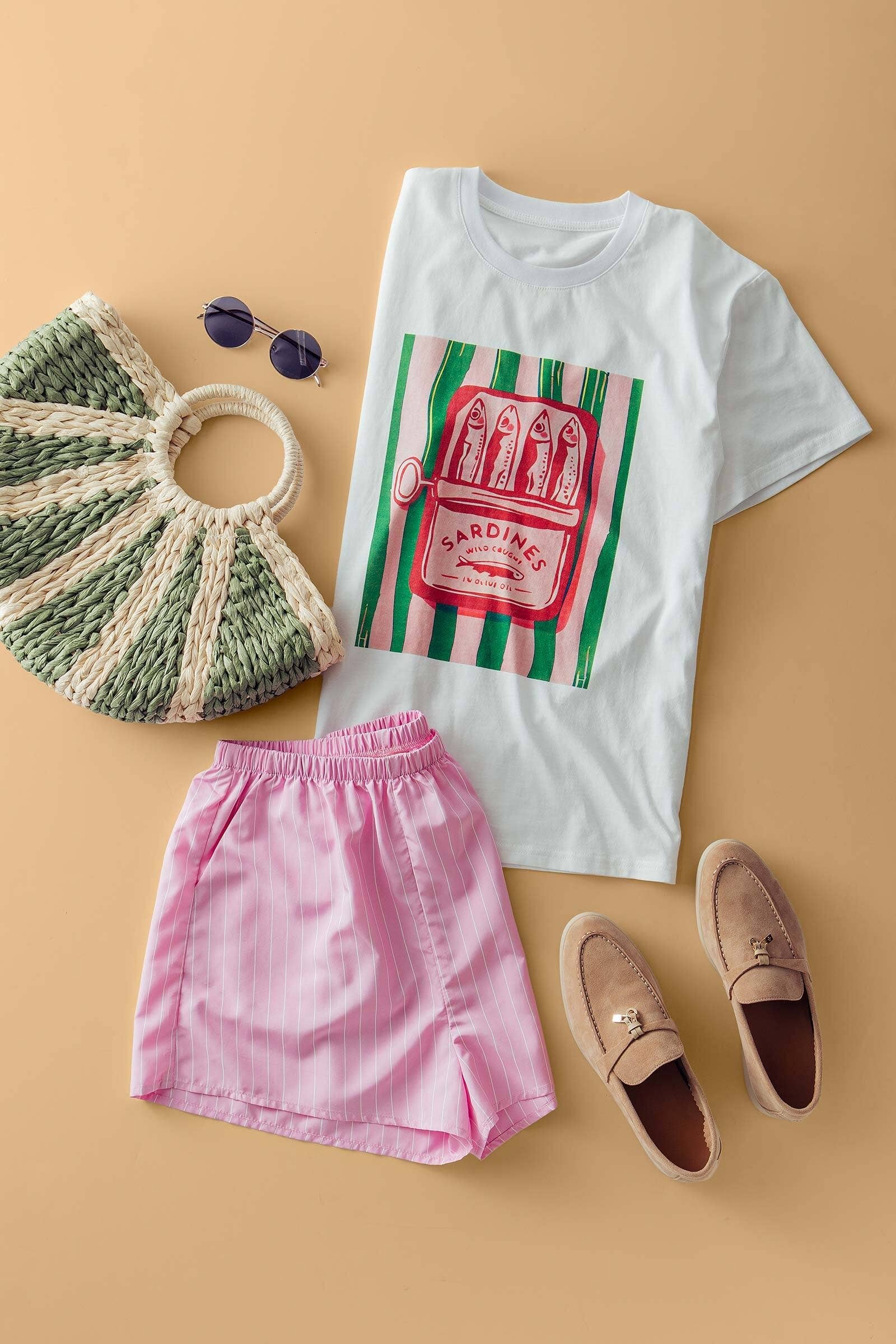 Sardine Graphic Tee and Striped Shorts Set