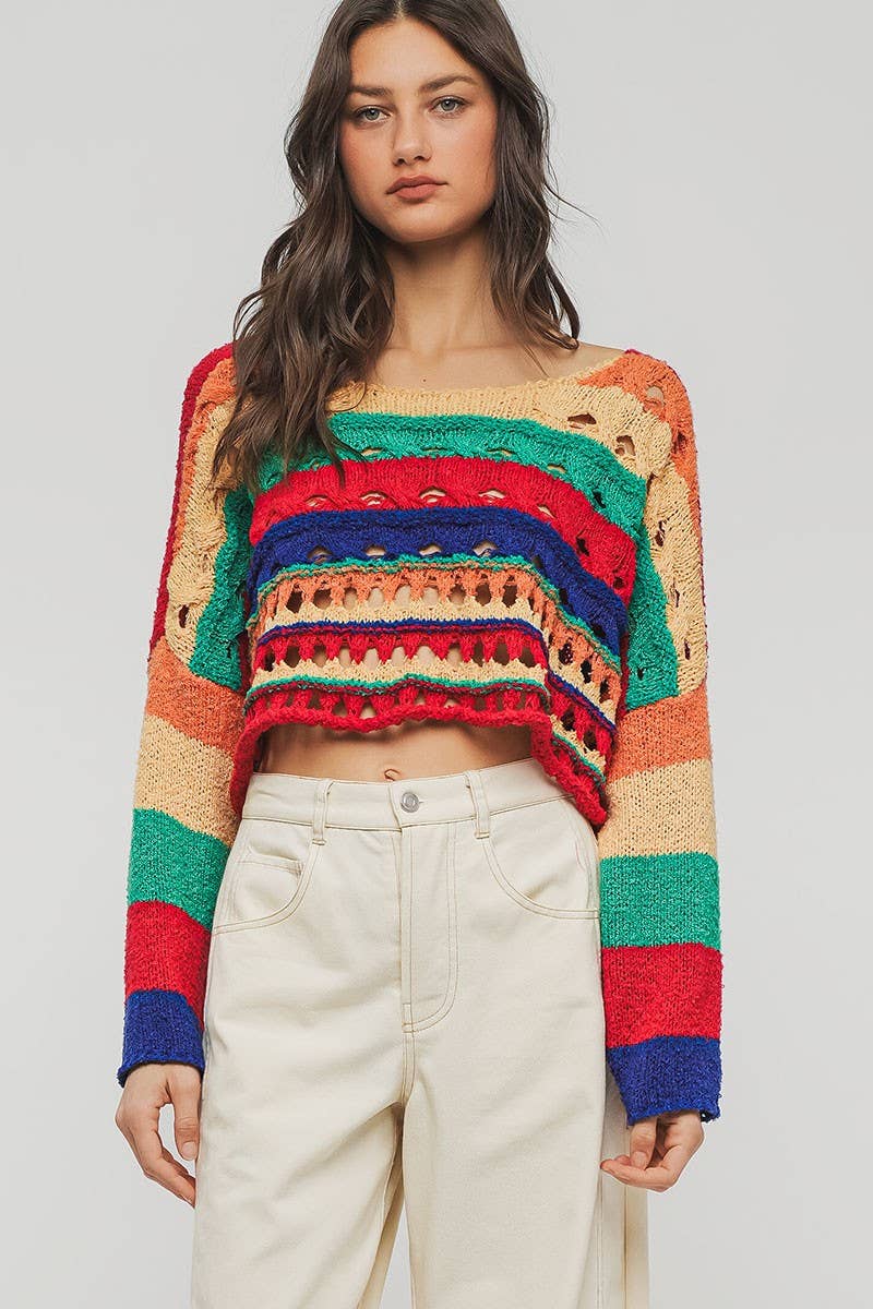 Urban Daizy Colorblock Crochet Knit Cropped Tie Back Sweater Muliti Knit Sweater - Women's (UDZ-KN-00357) – alternate view 2