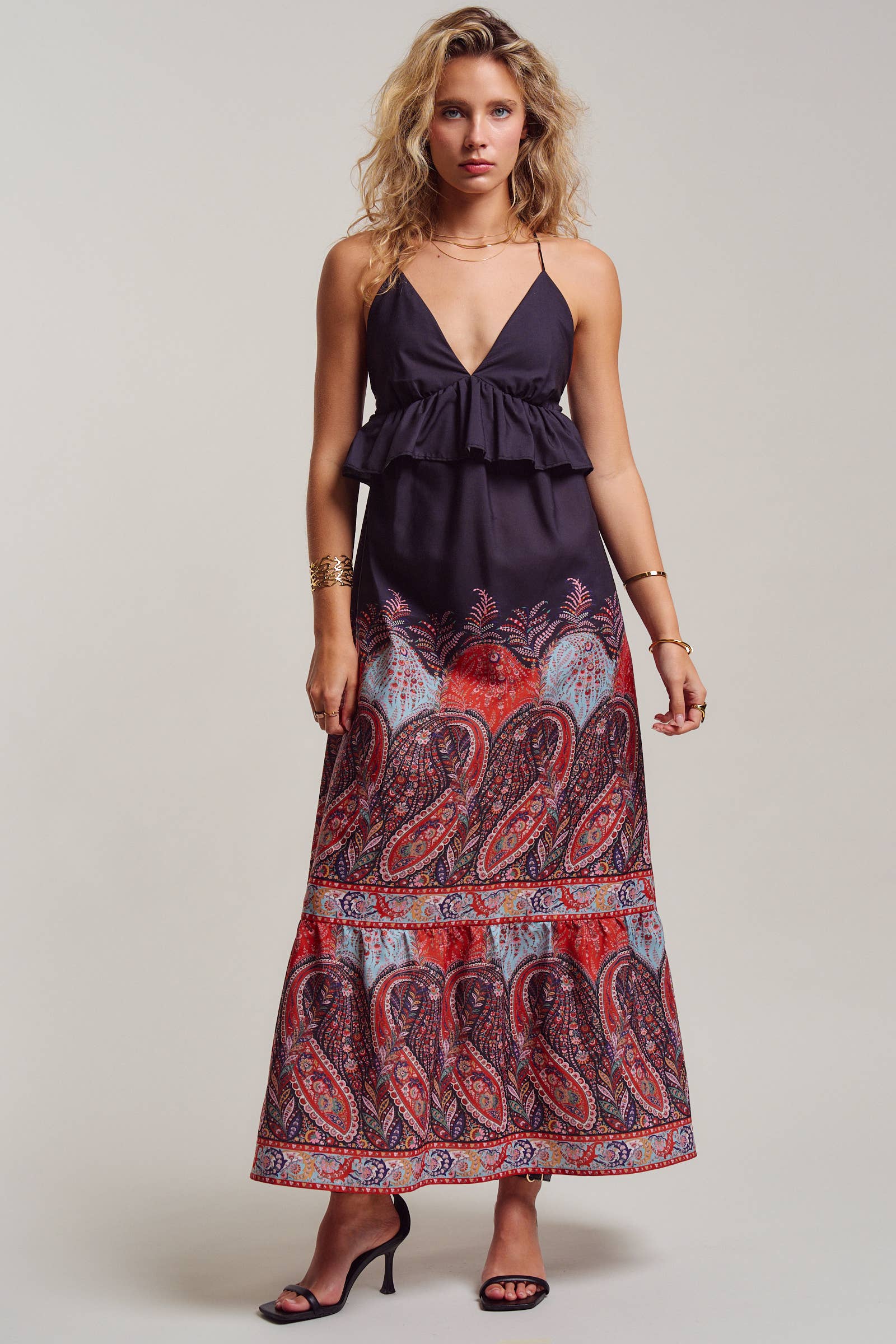 Urban Daizy Paisley Border Print Ruffle Overlay Maxi Dress Black Dress - Women's (UDDR0351-Black)