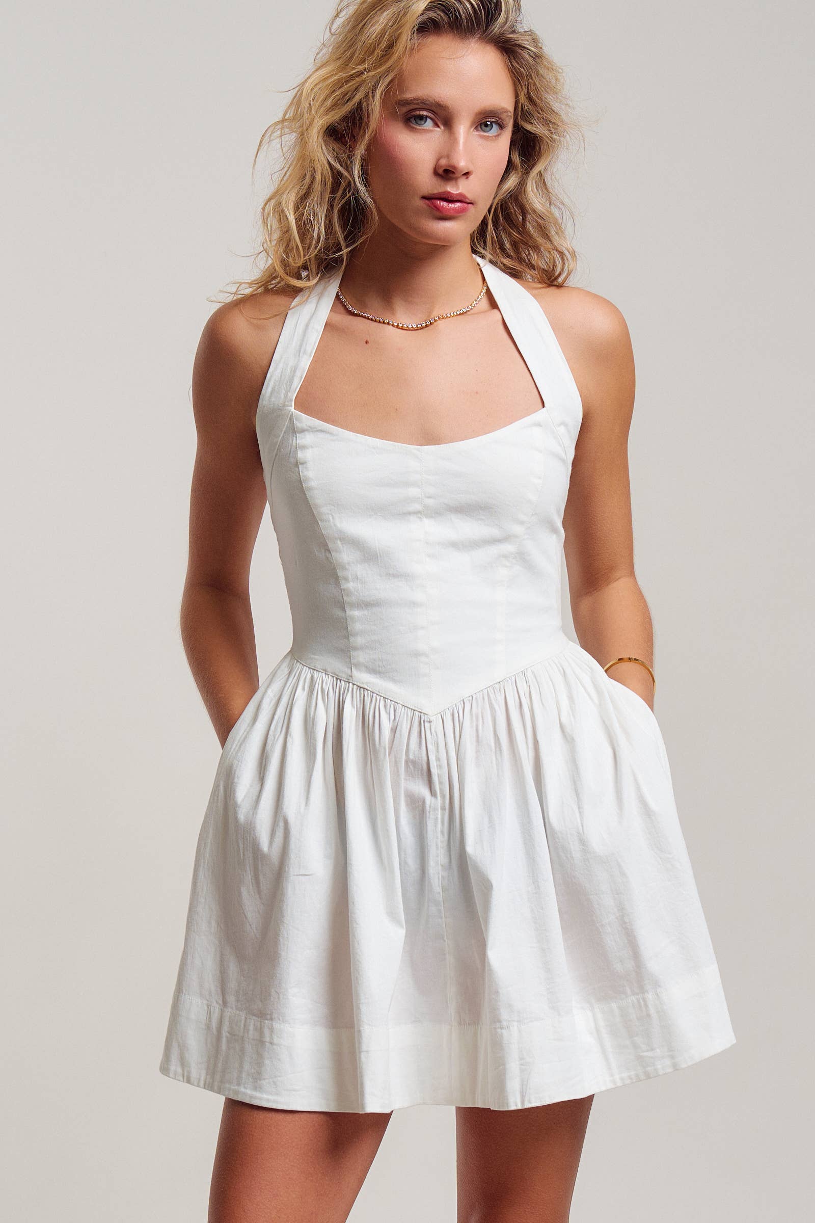 White Poplin Halter Corset Mini Dress