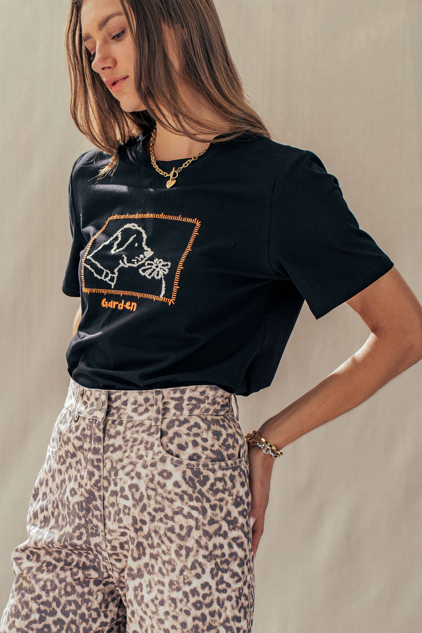 Whimsical Dog & Daisy Embroidered Cotton Tee