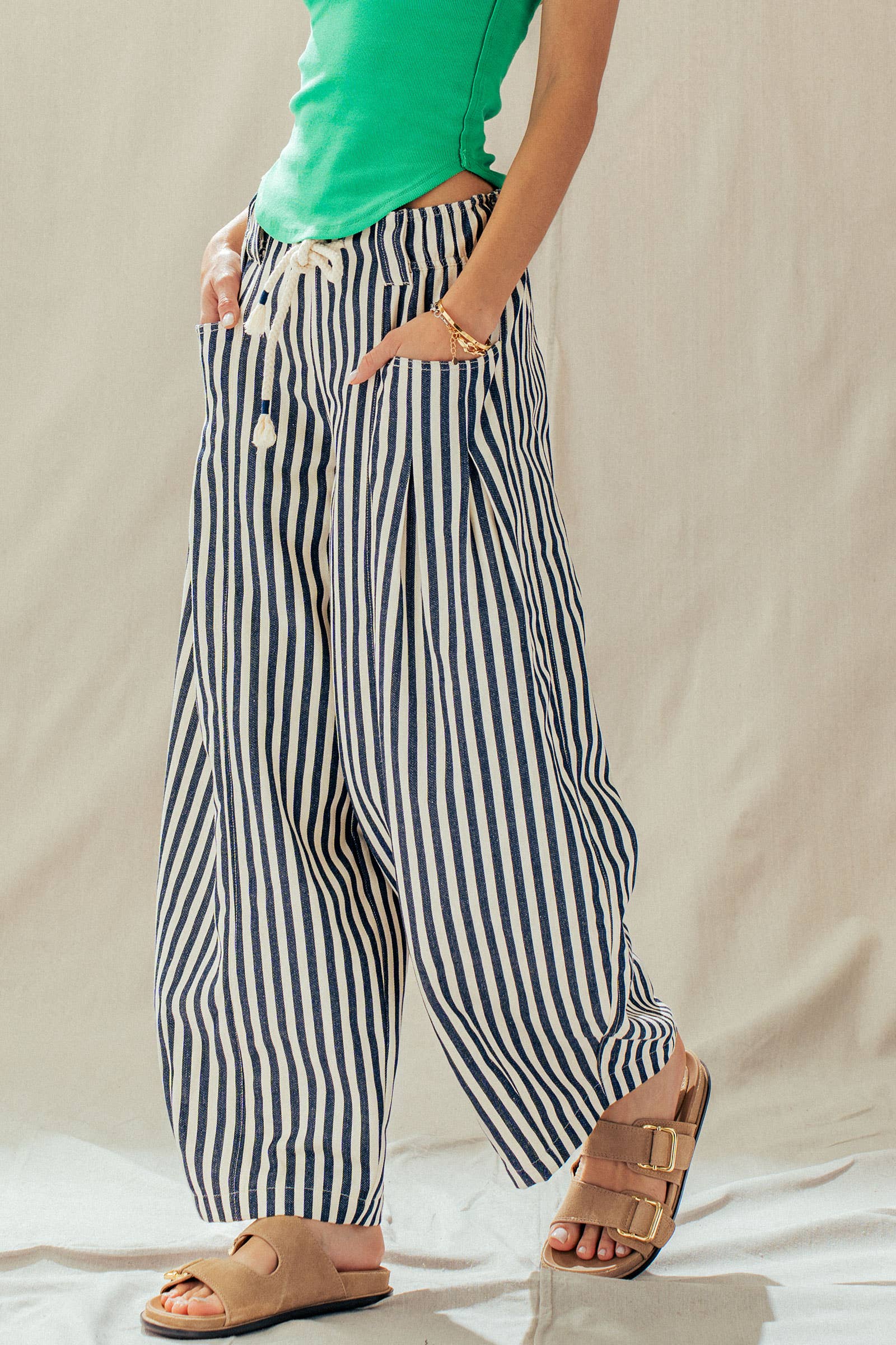 Urban Daizy Rope Drawstring Balloon Pants Pleated Front Brown-Stripe Pants - Women's (UDZ-PT-00481) – alternate view 4