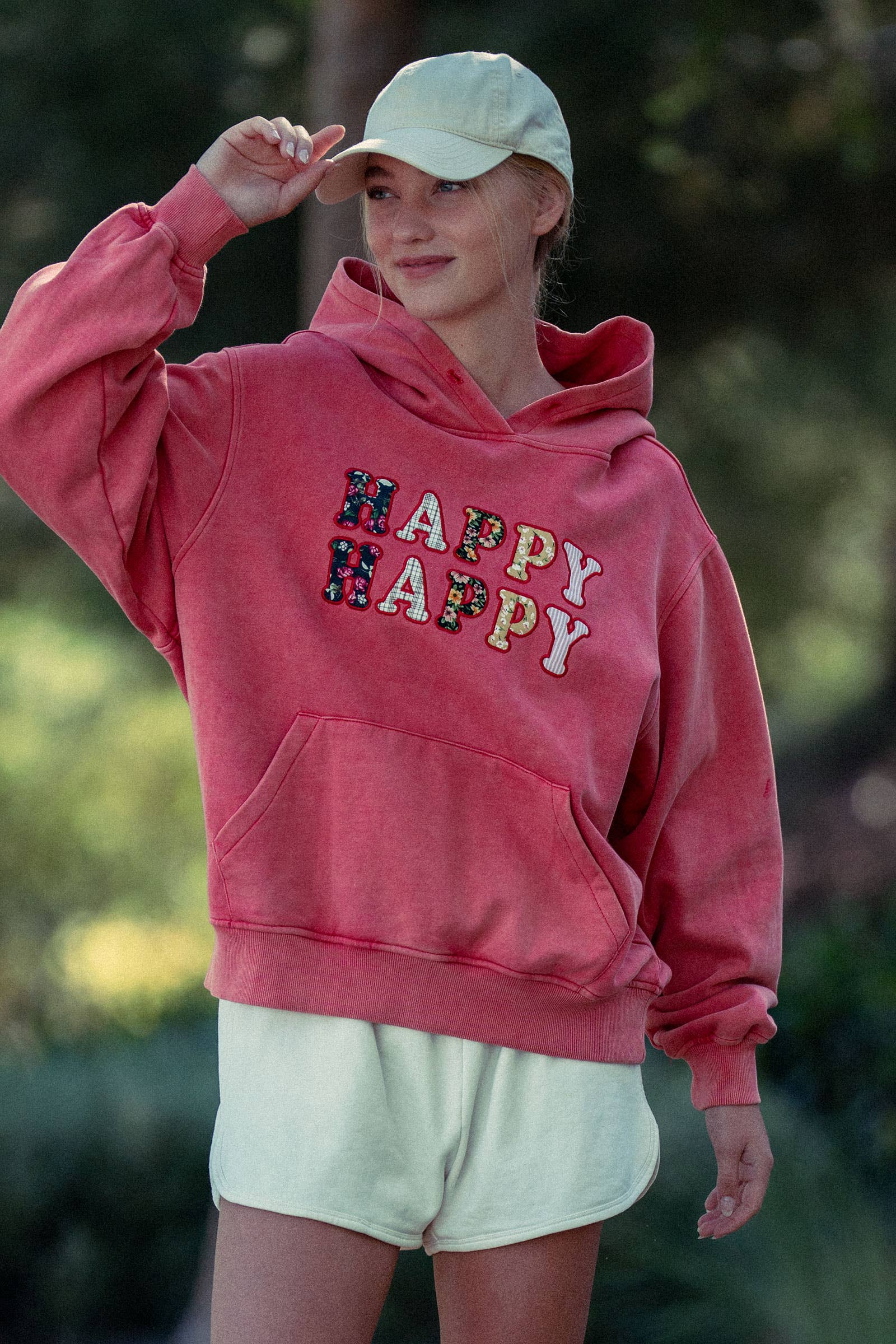 Urban Daizy "HAPPY HAPPY" Vintage Washed Hoodie Red Hoodie - Women's (UDZ-KN-00891) – alternate view 16