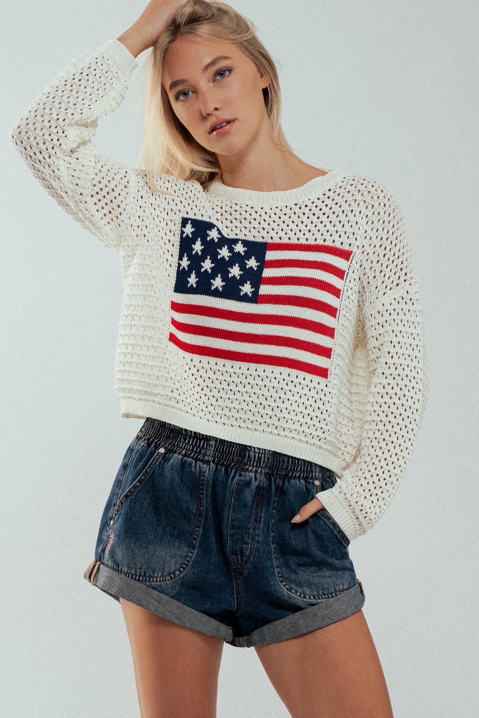 Urban Daizy Old American Flag Crochet Crewneck Sweater Ivory Knit Sweater - Women's (UDZ-KN-00502) – alternate view 8