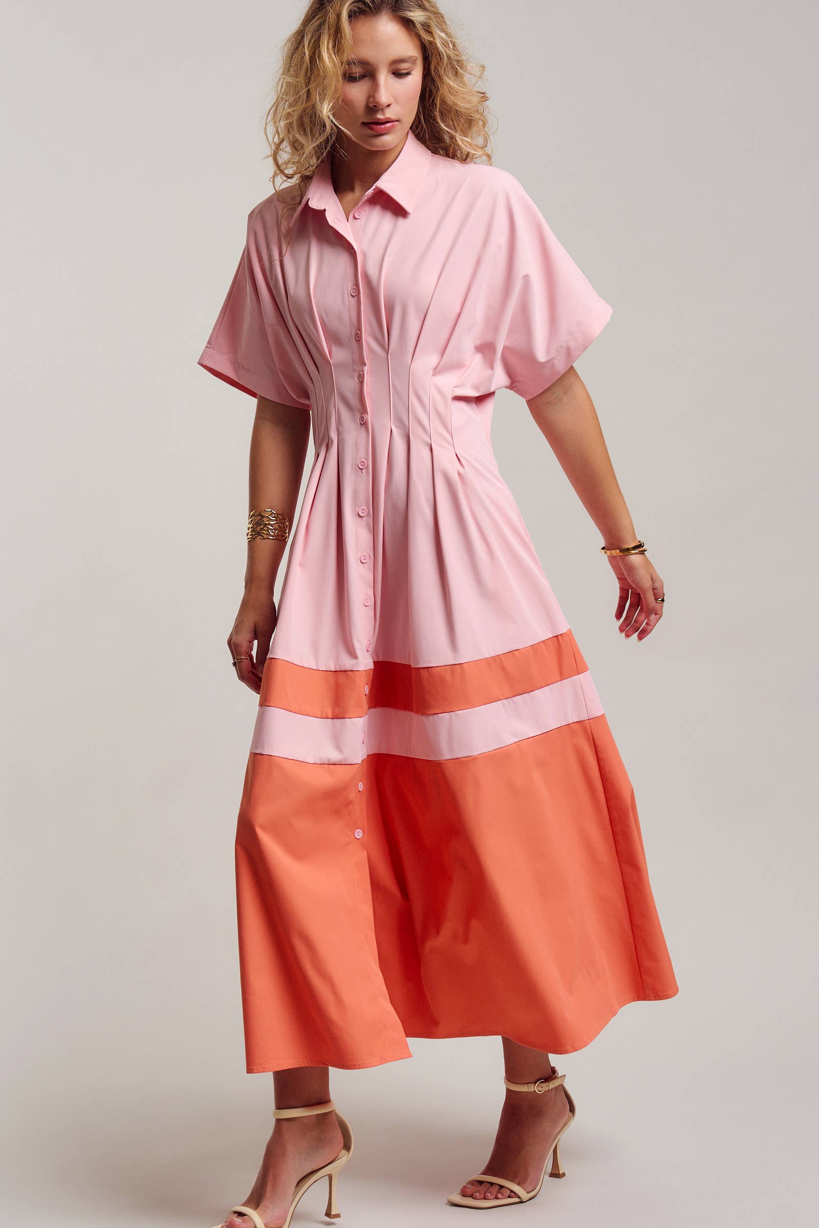 Colorblock Button-Up Cotton Midi Dress