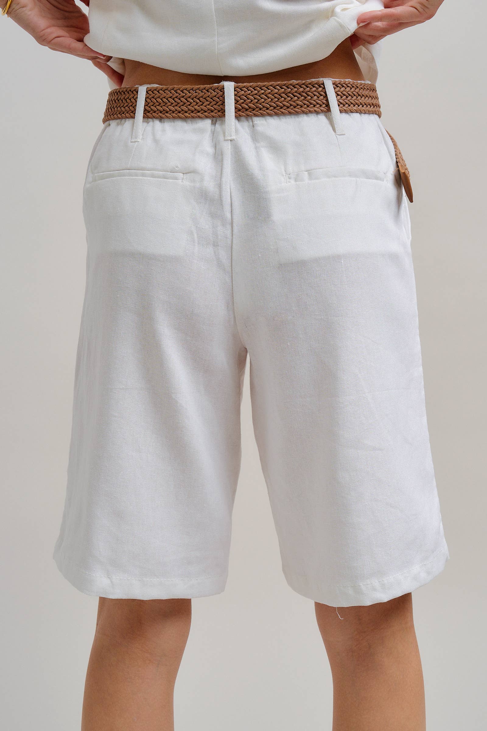 Linen Blend Belted Bermuda Shorts