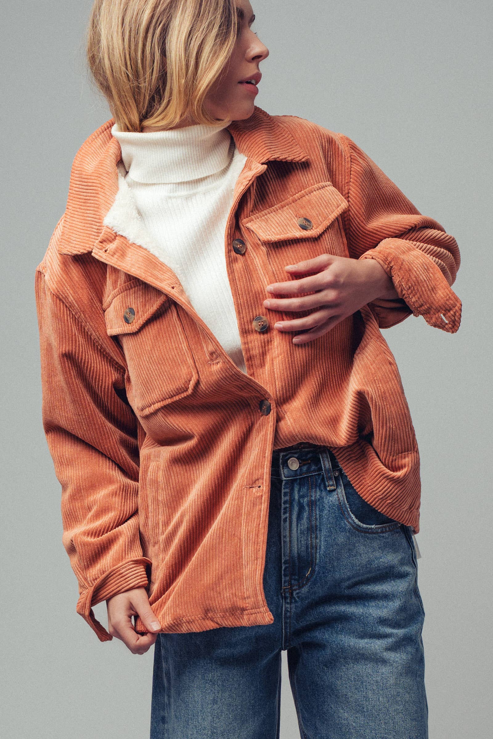 Urban Daizy Oversized Sherpa Lined Corduroy Shacket Beige Shirt Jacket Shacket - Women's (UDZ-OT-00163) – alternate view 14