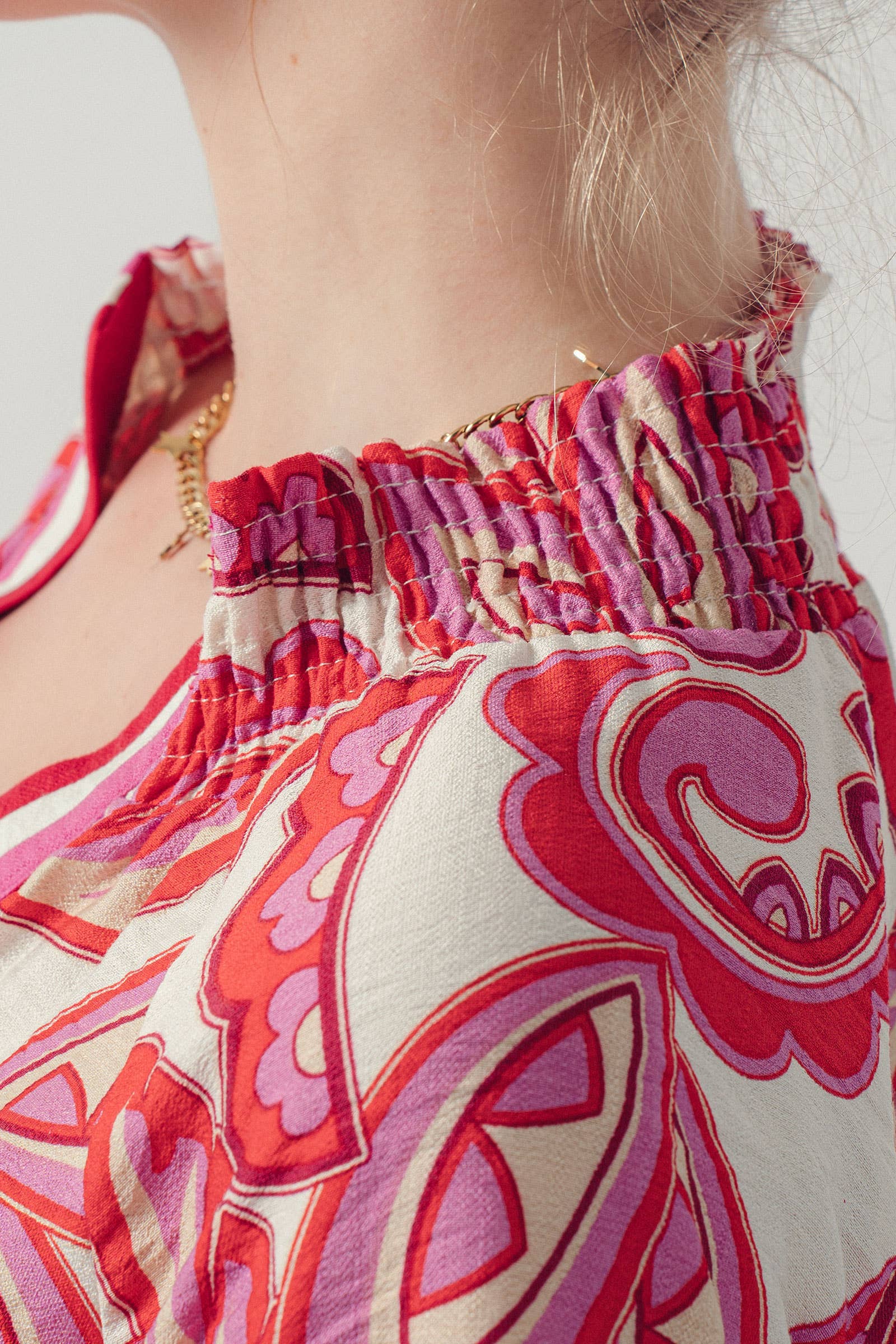 Paisley Smocked High-Neck V-Neck Blouse
