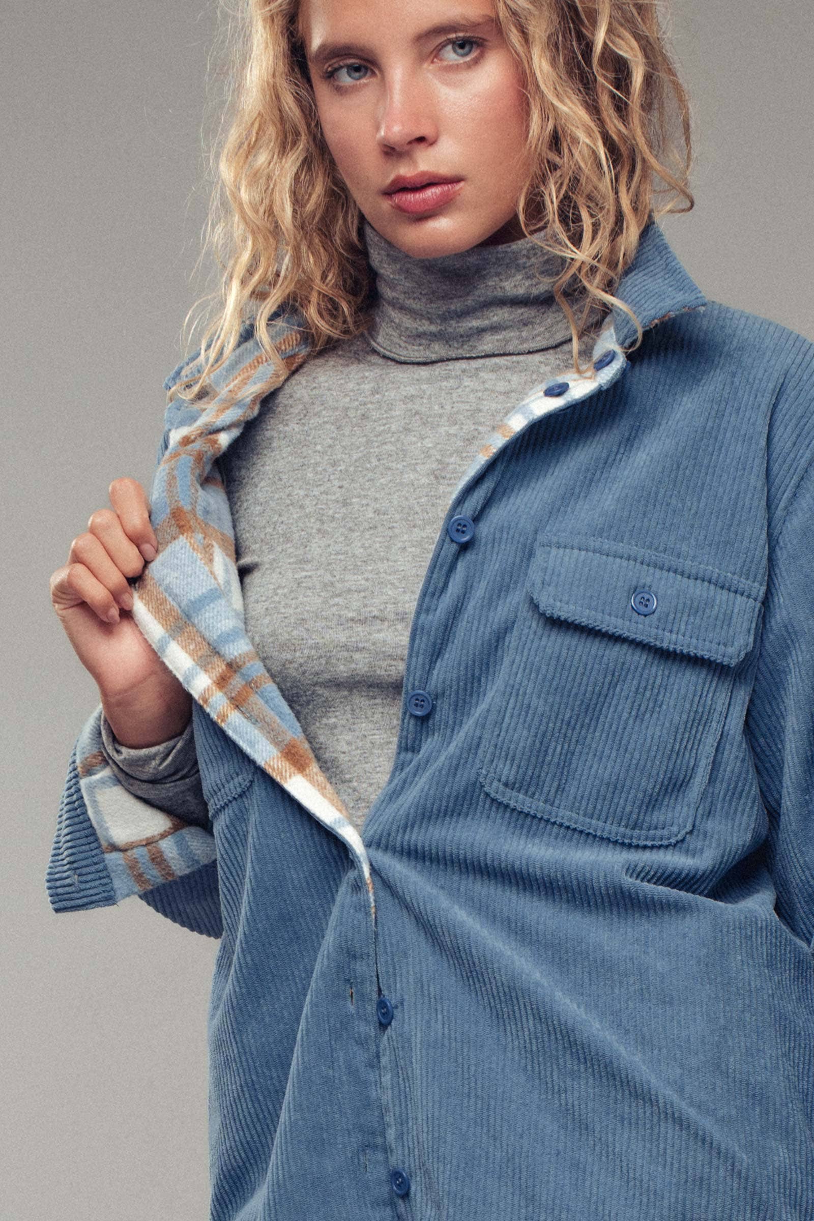 Urban Daizy Plaid Flannel-Lined Corduroy Shacket Taupe Shirt Jacket/Shacket - Women's (UDZ-KN-00150) – alternate view 27