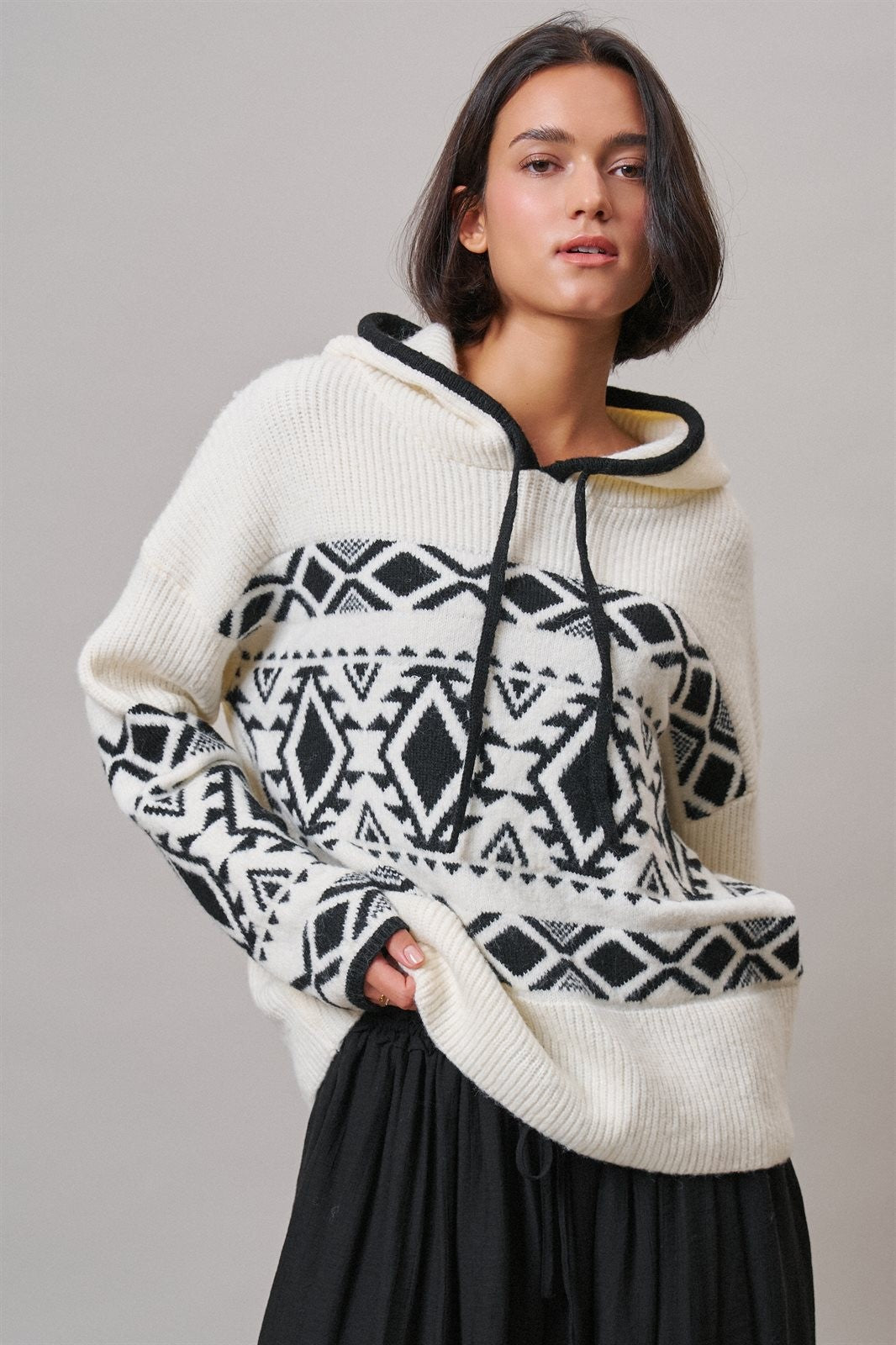 Nordic Fair Isle Hooded Sweater Wool Blend in IVORY BLACK - Women's Sweaters | Urban Daizy