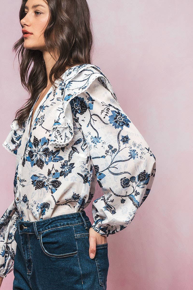 Urban Daizy Ruffled Shoulder V Neck Button Down Blouse White Black Blouse - Women's (UDZ-TP-00746) – alternate view 25