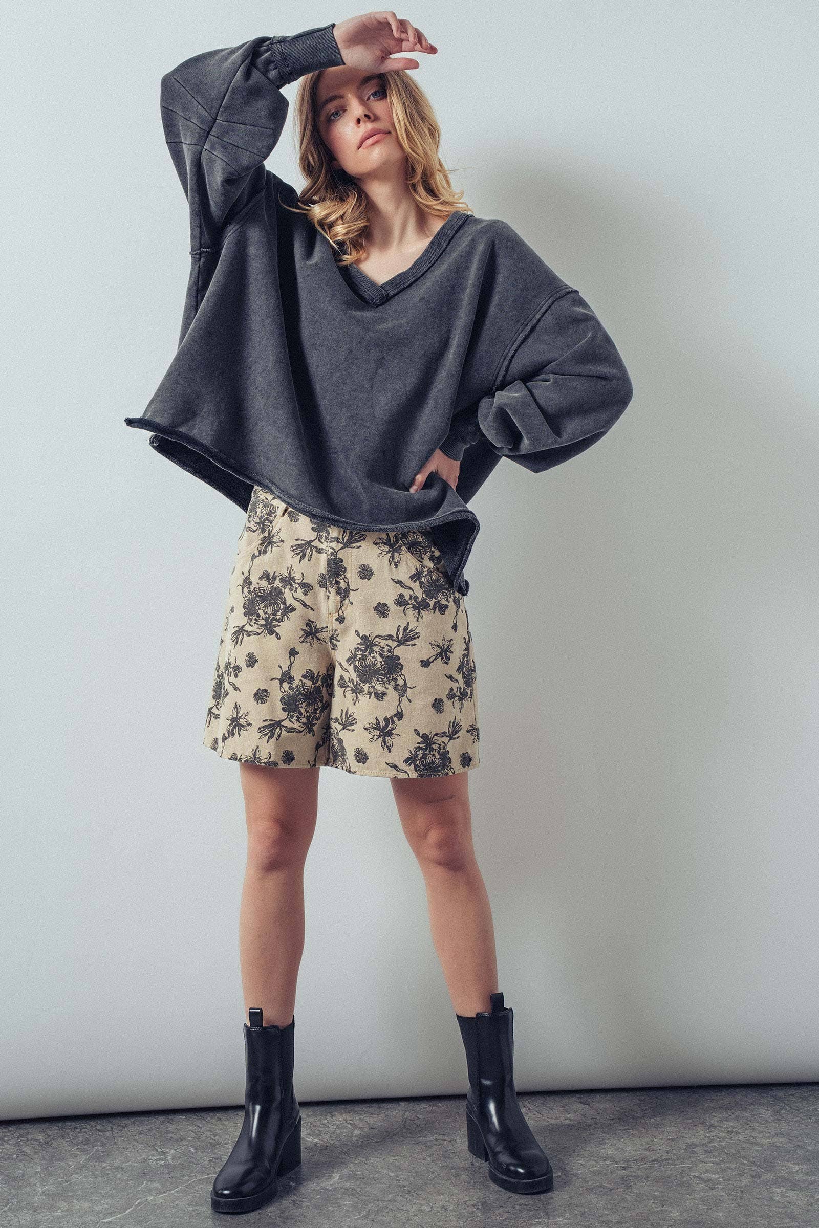Raw Edge V-Neck Oversized Sweatshirt