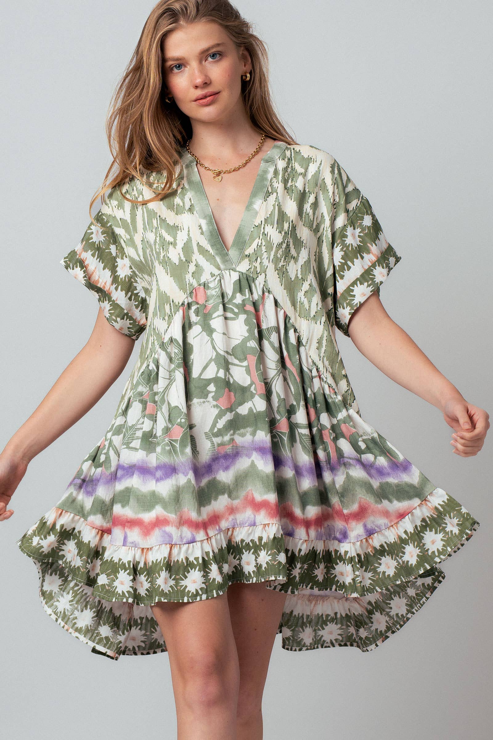 Urban Daizy Boho Mixed Print V-Neck Mini Dress Green-Multi Dress - Women's (UDZ-DR-00479) – alternate view 8