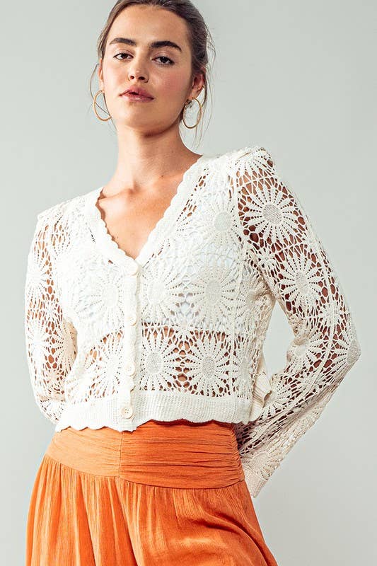 Urban Daizy Romantic Floral Crochet Button Down Spring Cropped Cardigan Natural Cardigan - Women's (UDZ-KN-00331) –…