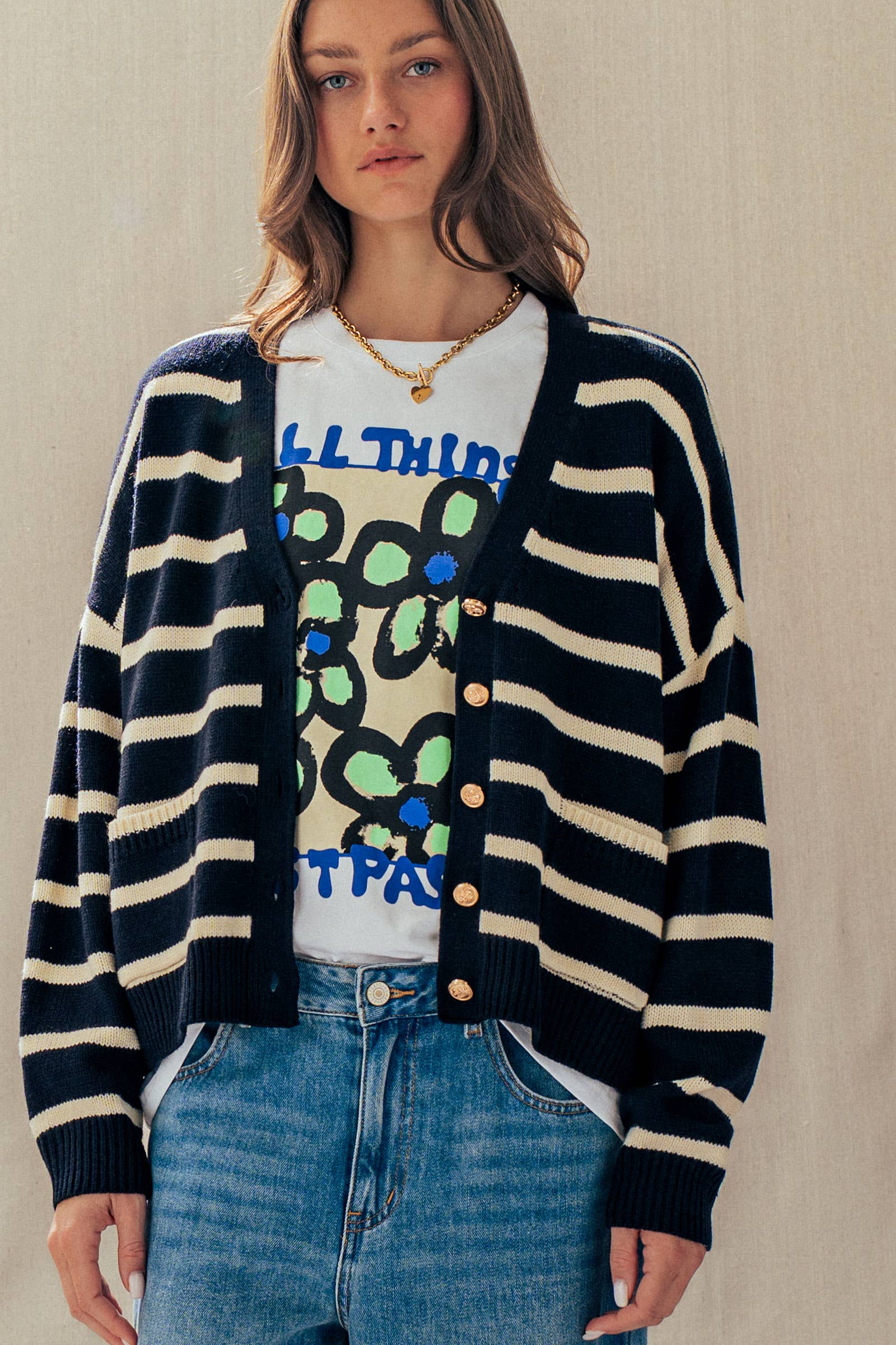 Striped Cropped V Neck Embellished Button Cardigan