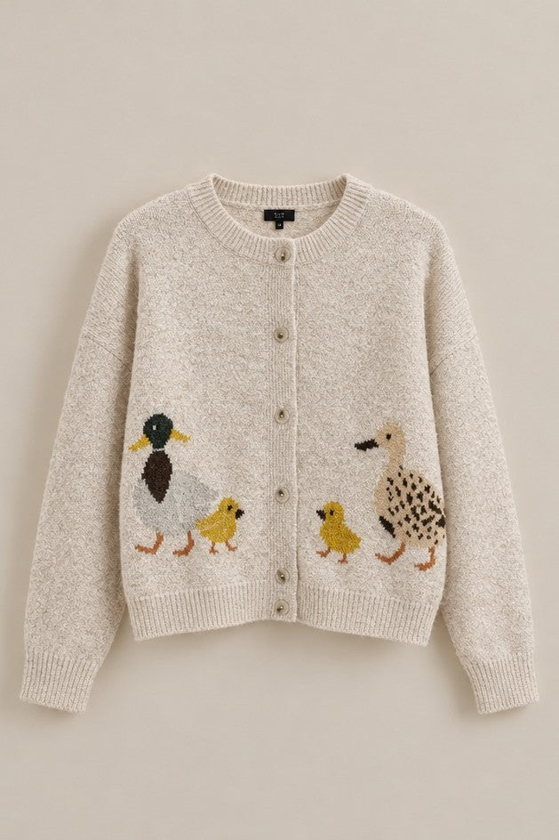 Duckling Parade Intarsia Cardigan in OATMEAL - Women's Cardigans & Shrugs | Urban Daizy