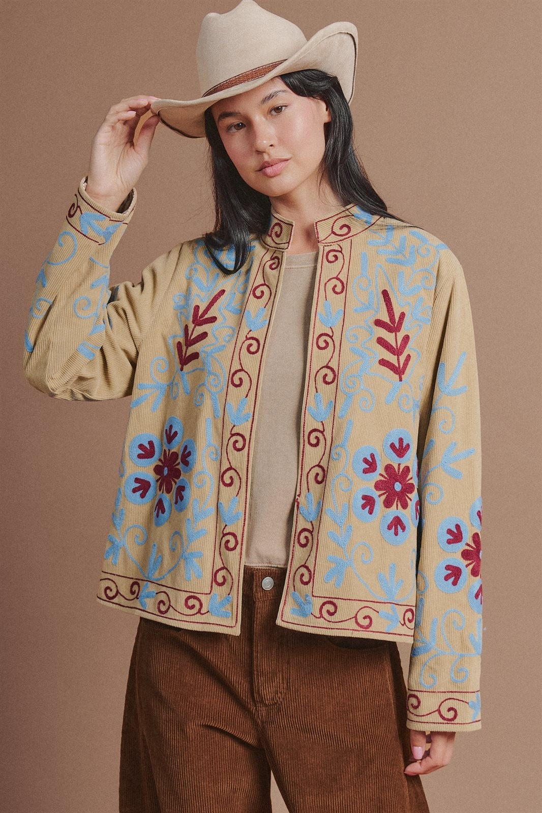 Embroidered Corduroy Jacket with Folk Floral Scroll in KHAKI - Women's Jackets & Blazers | Urban Daizy