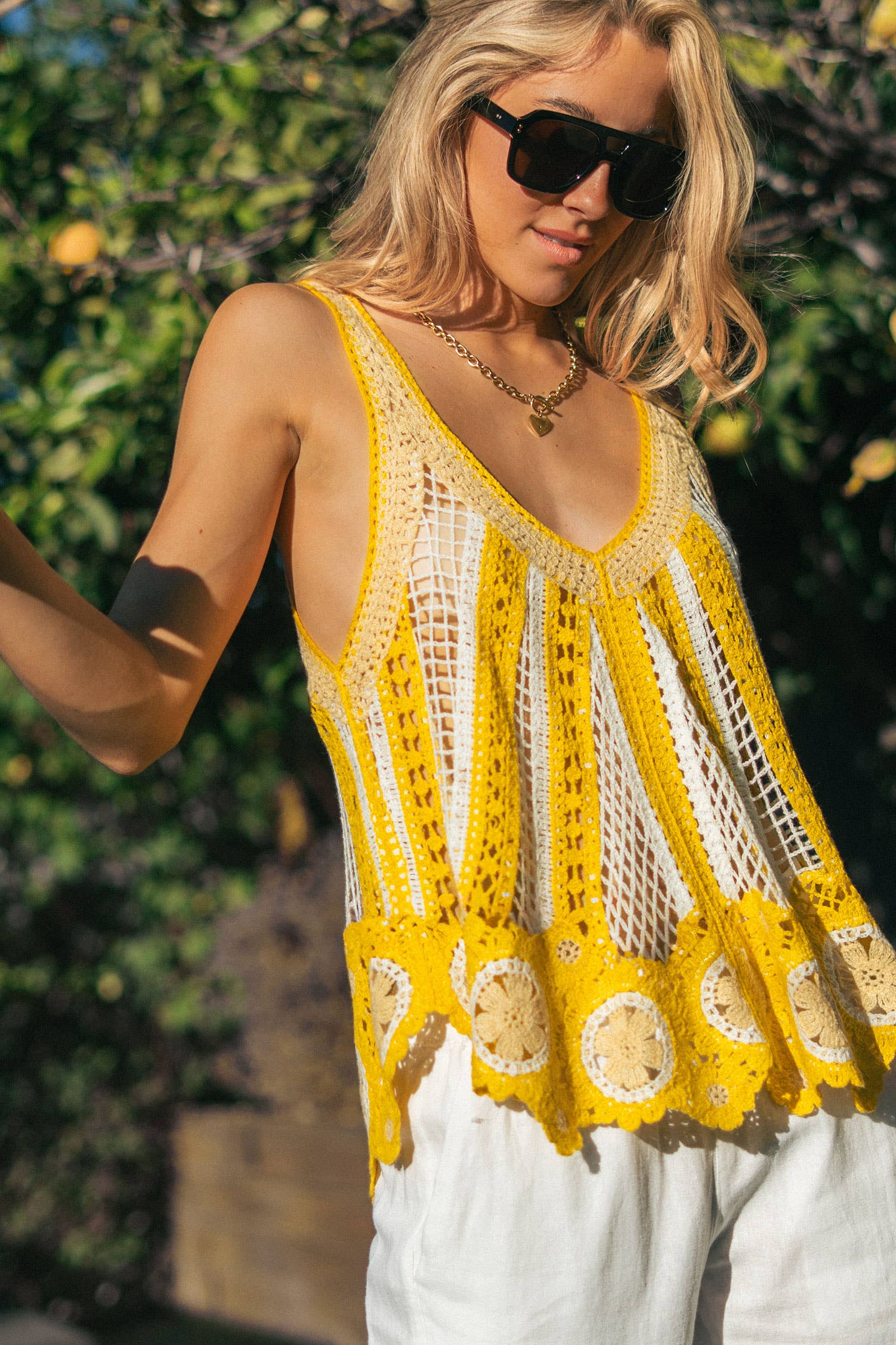 Floral Motif Open-Knit Crochet Tank