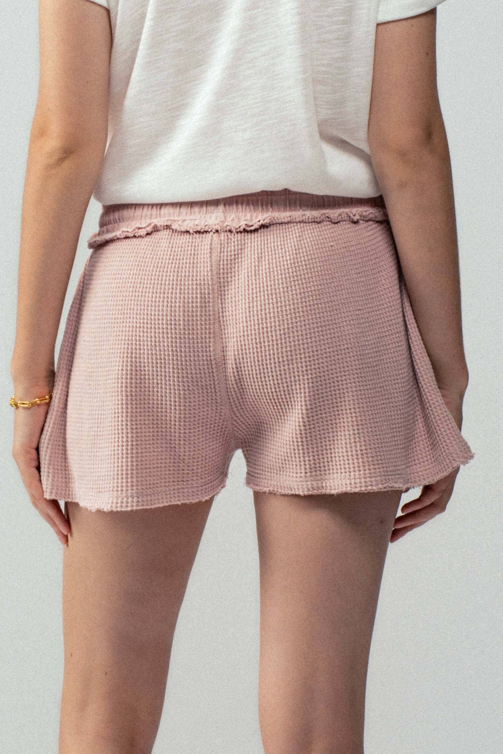 Waffle Knit Distressed Hem Drawstring Lounge Shorts