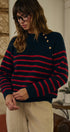 Striped Mock Neck Sweater with Gold Button Shoulder in RED/NAVY - Women's Sweaters | Urban Daizy