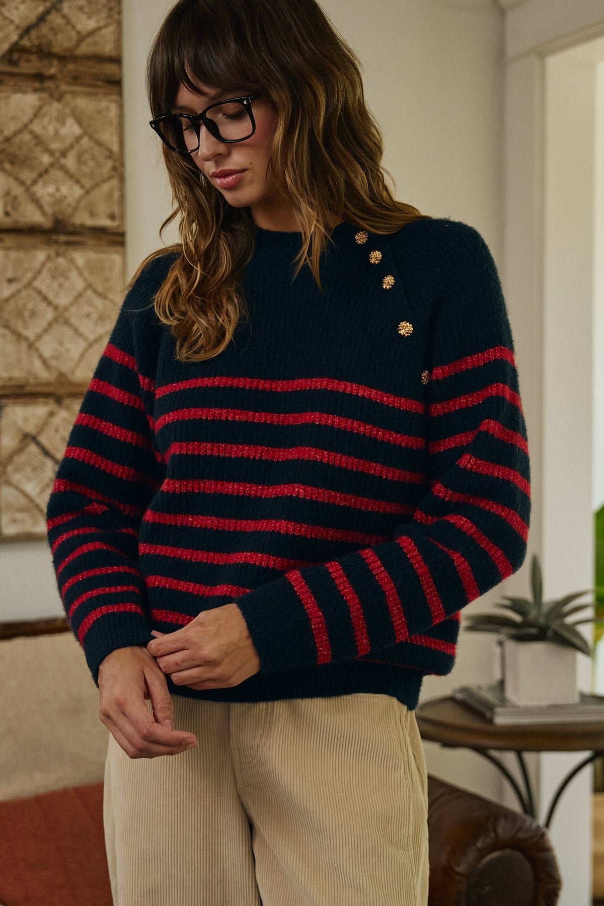 Striped Mock Neck Sweater with Gold Button Shoulder in RED/NAVY - Women's Sweaters | Urban Daizy