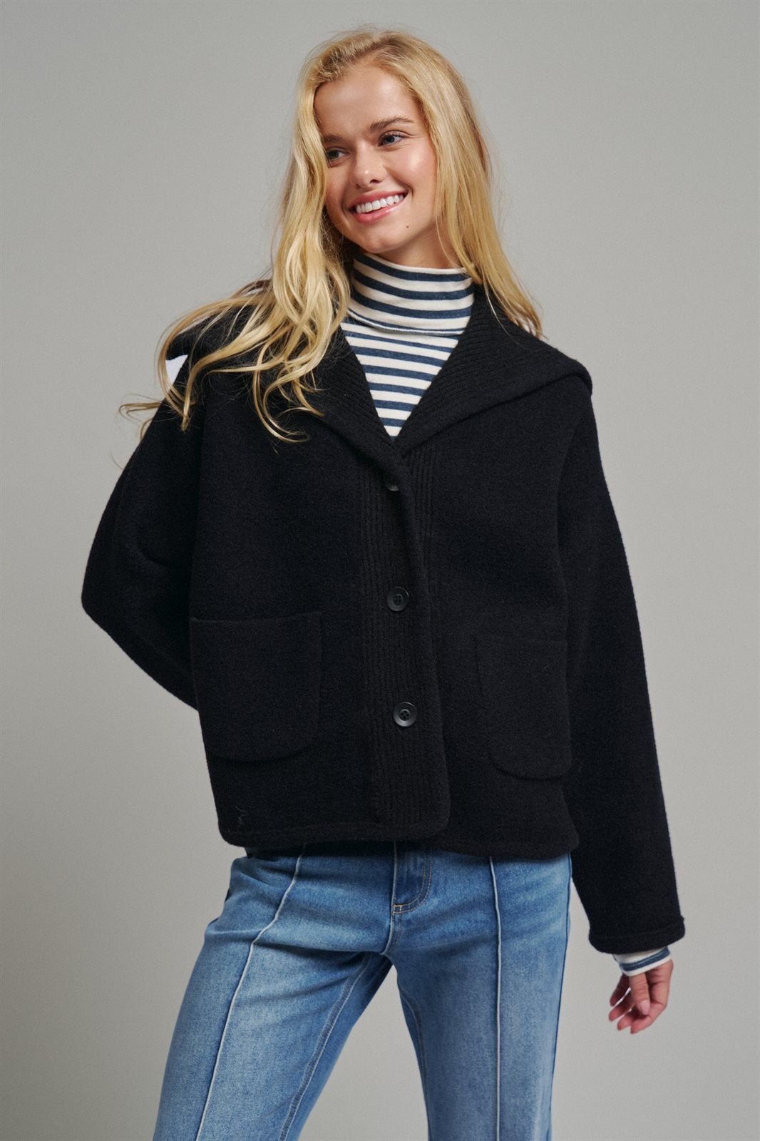 Hooded Button-Front Wool Blend Short Jacket in BLACK - Women's Jackets & Blazers | Urban Daizy