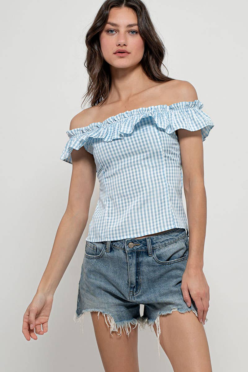 Urban Daizy Gingham Ruffle Off-Shoulder Crop Top Pink Blouse - Women's (UDZ-TP-01034) – alternate view 20