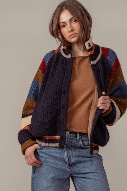 Urban Daizy Chunky Rib-Knit Faux Fur Lined Cardigan Navy Cardigan - Women's (UDZ-KN-00652) – alternate view 5