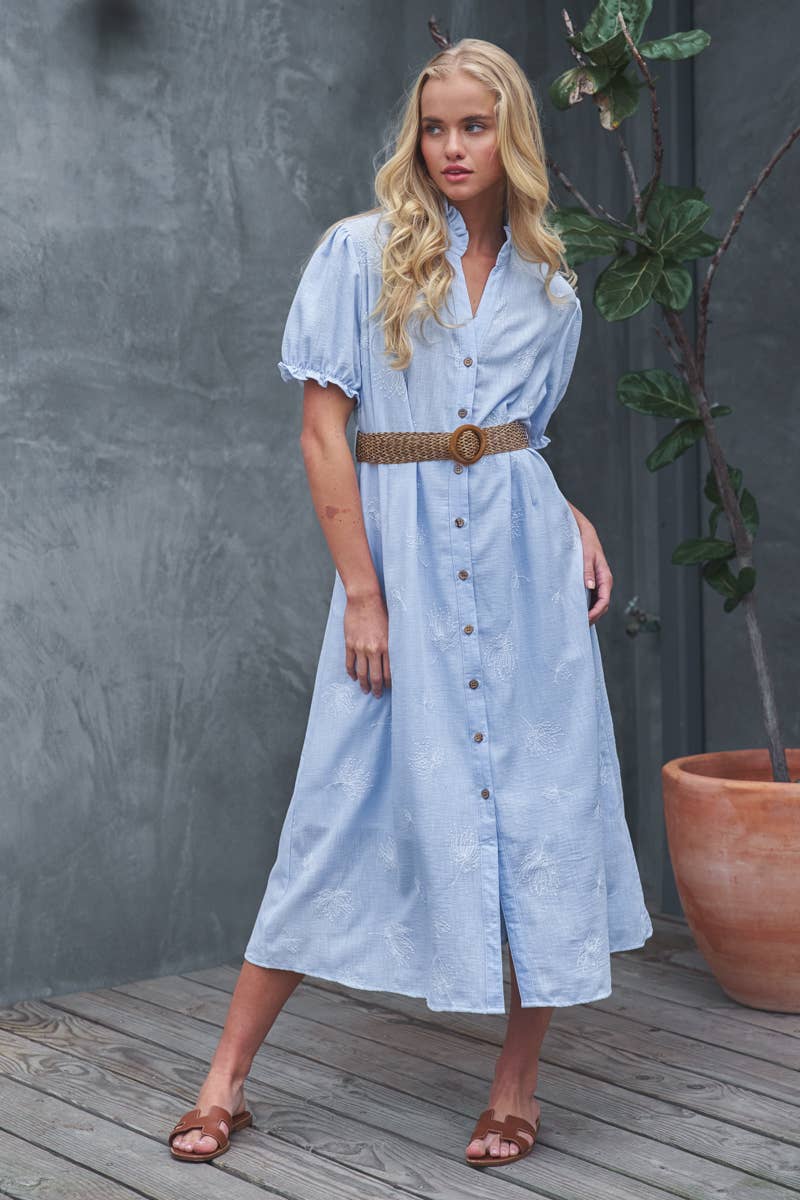 Embroidered Linen Blend Button Front Midi Dress