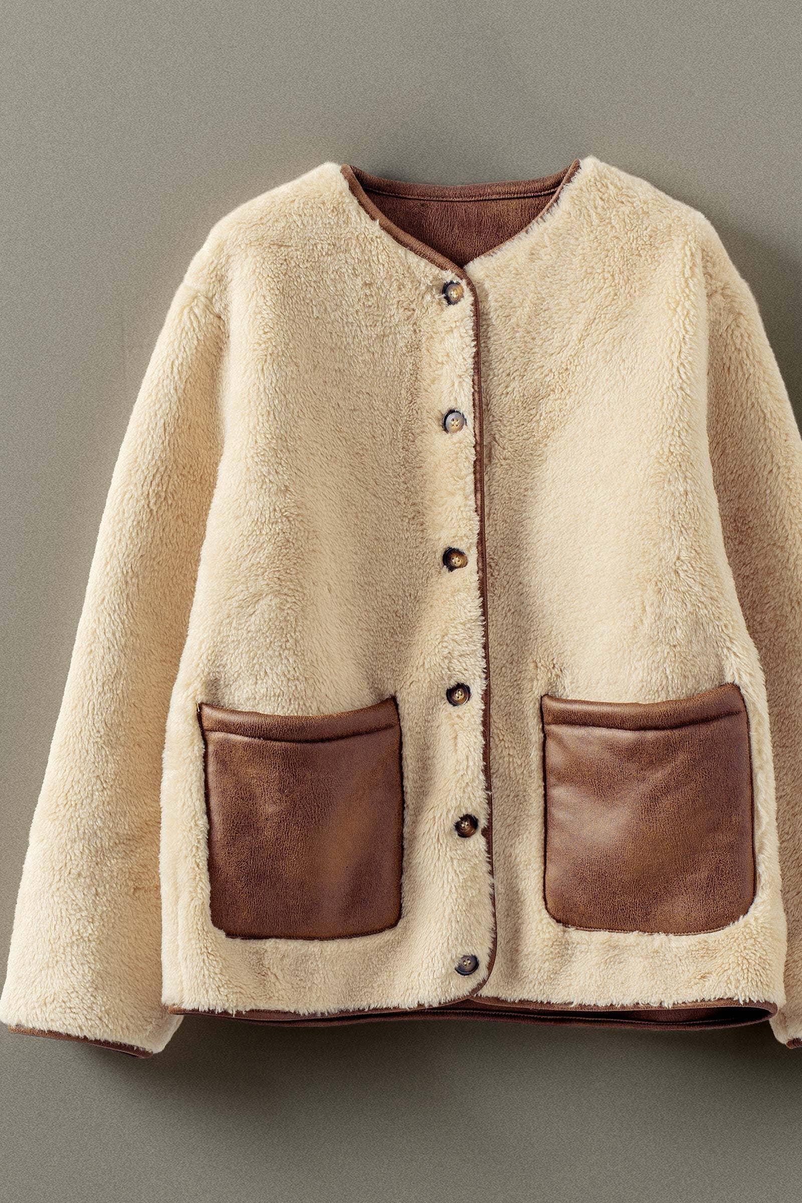 Faux Shearling Jacket with Suede Pockets